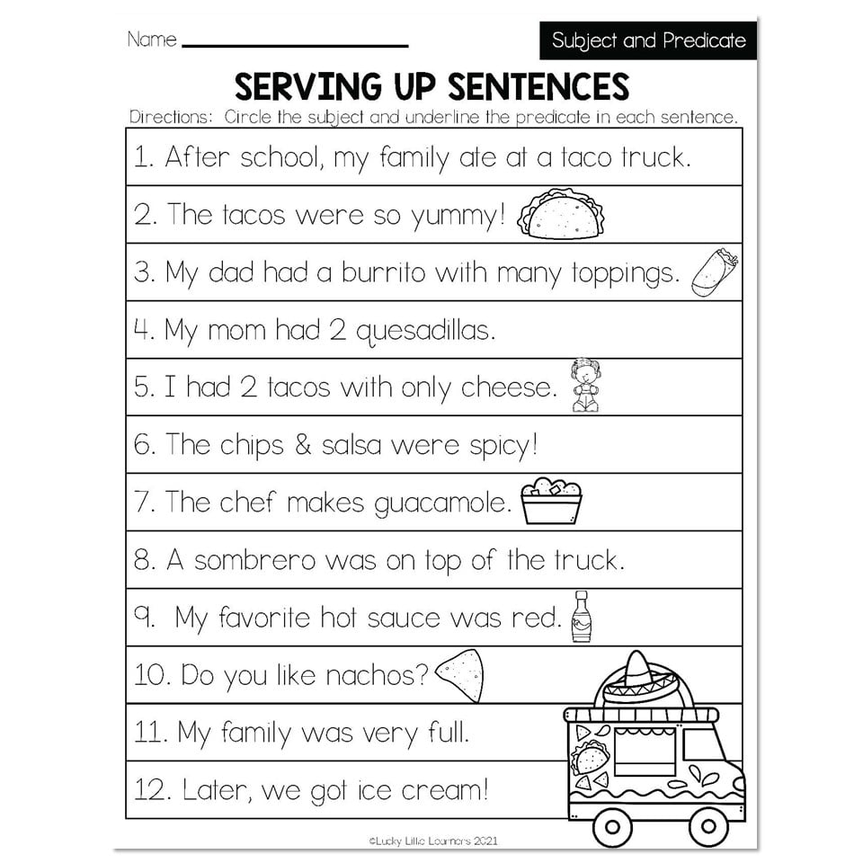 Fall Early Finishers 2nd Grade ELA Subject Predicate Serving Up Sentences Lucky Little Learners
