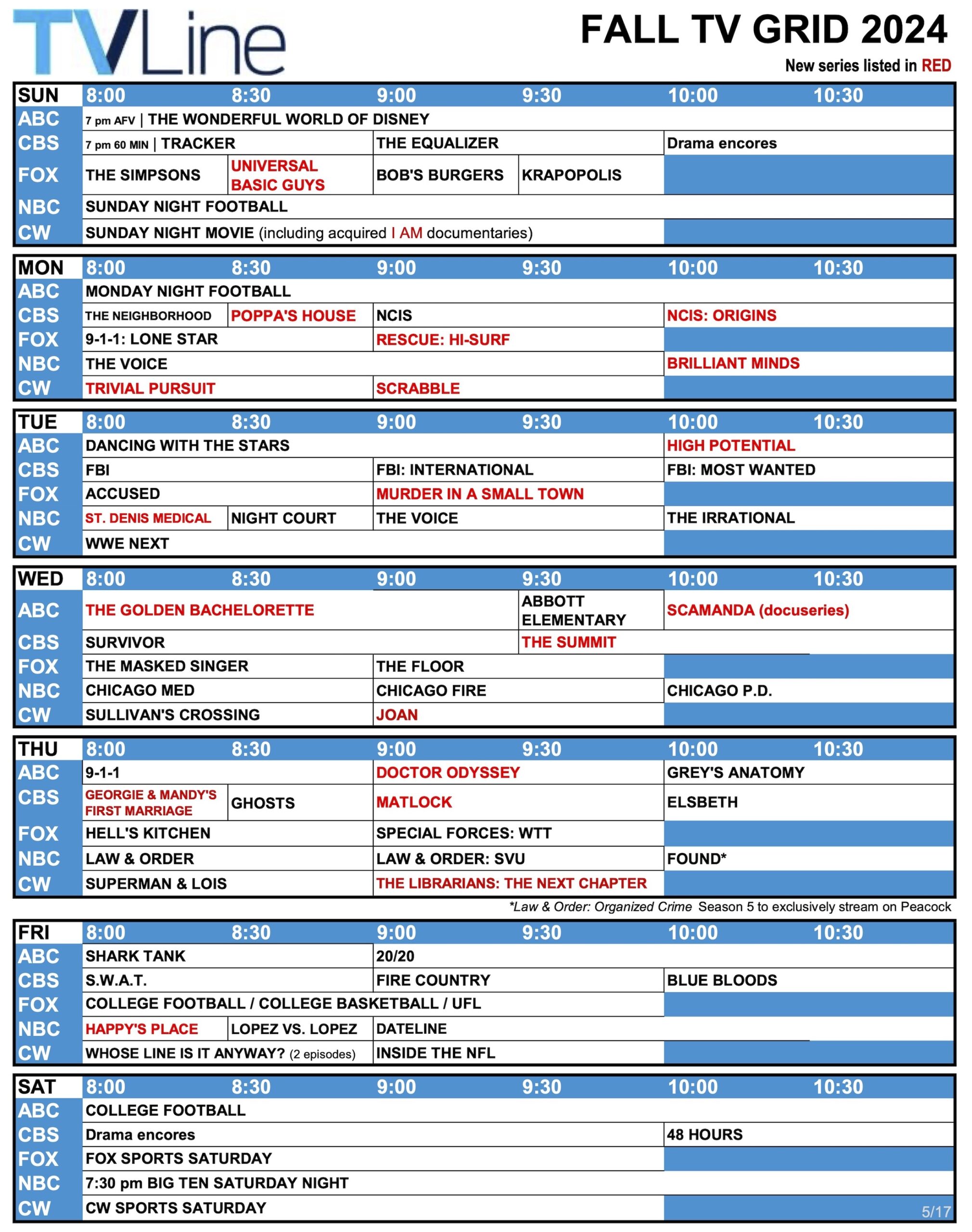 Fall TV Schedule 2024 Network TV Grid CBS NBC ABC Fox CW