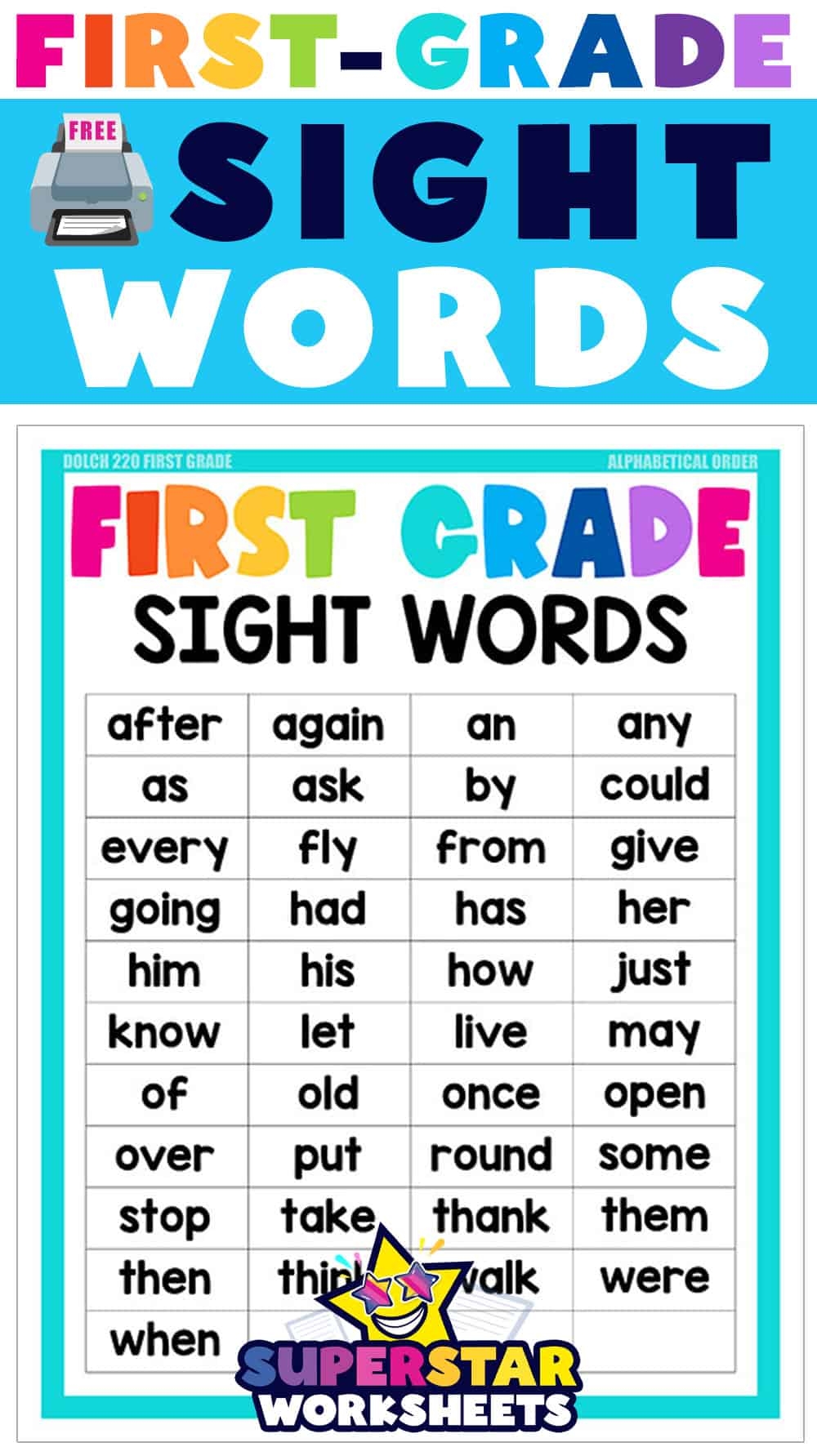 First Grade Sight Words Superstar Worksheets