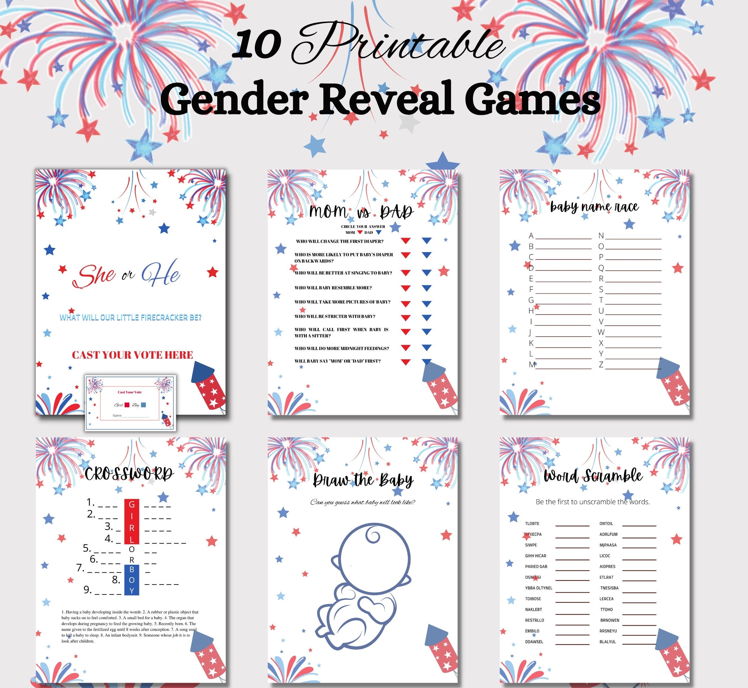 Fourth Of July Themed Printable Gender Reveal Game Bundle Is A Great Way To Entertain The Guest At Your Gender Reveal Party Or Baby Shower Etsy