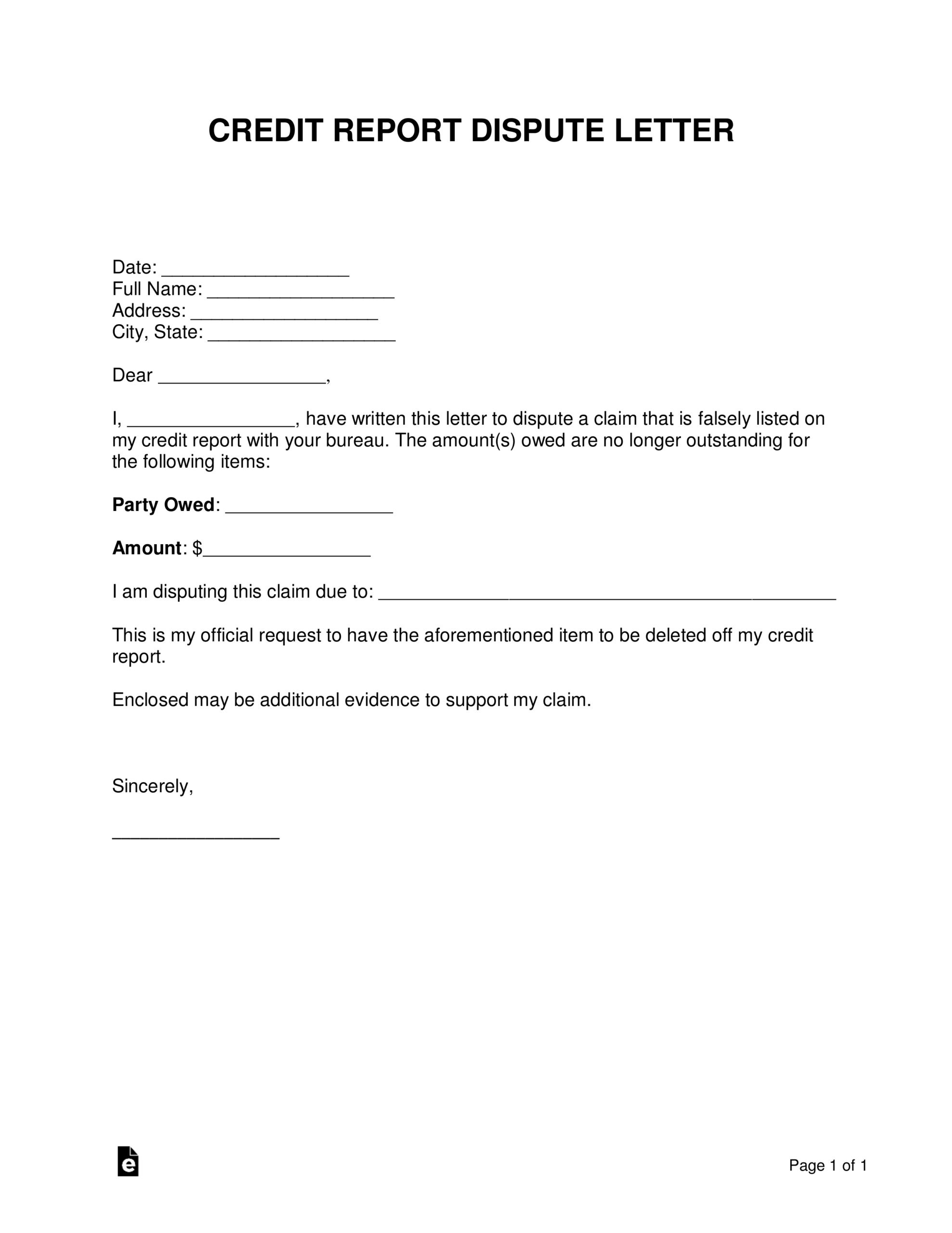 Free Credit Report Dispute Letter Template Sample PDF Word EForms