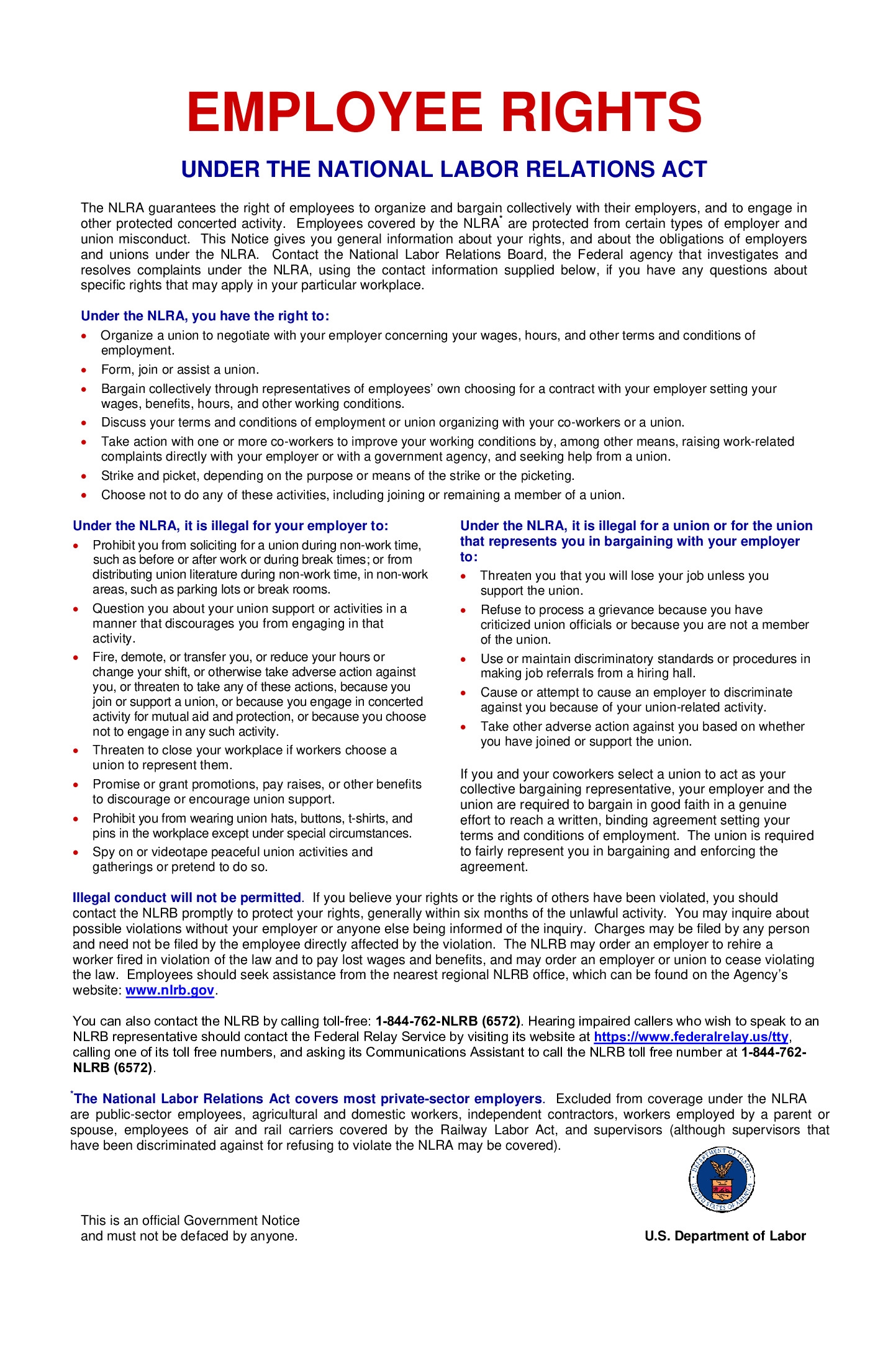 Free Federal NLRA Employee Rights Labor Law Poster 2025