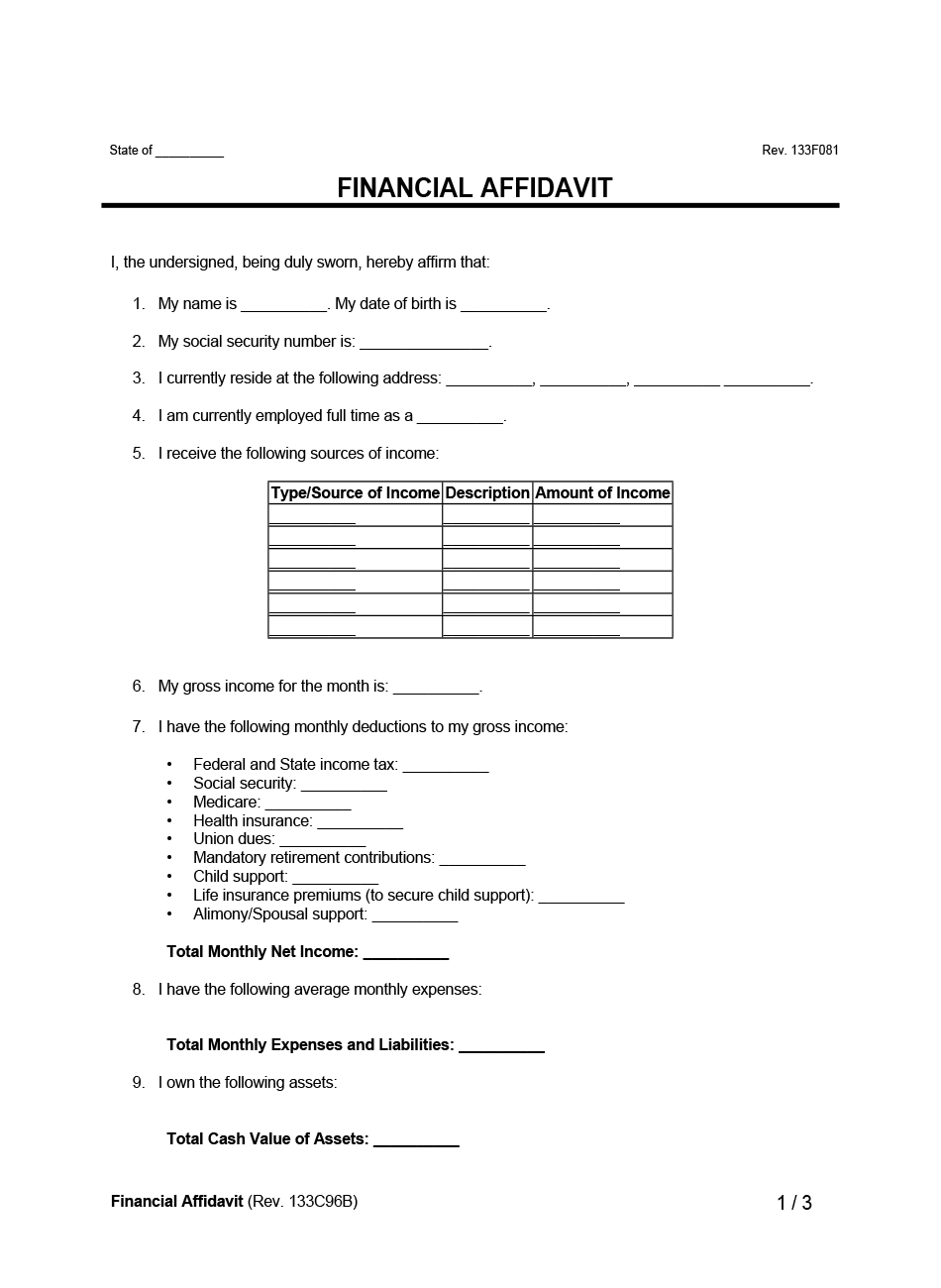 Free Financial Affidavit Form PDF Word
