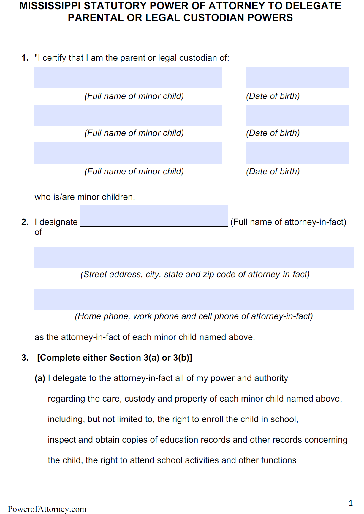 Power Of Attorney Form Free Printable Mississippi