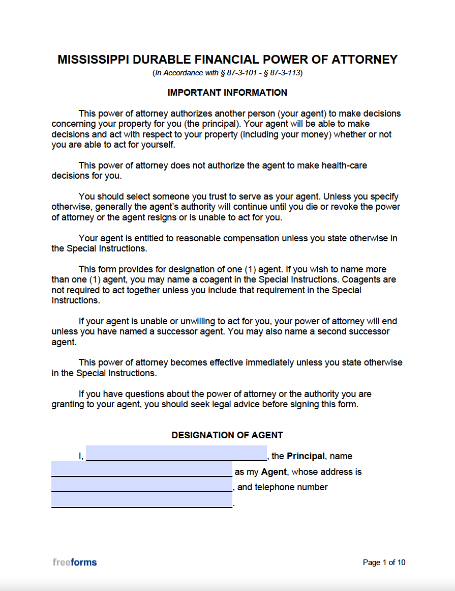Free Mississippi Power Of Attorney Forms PDF Word
