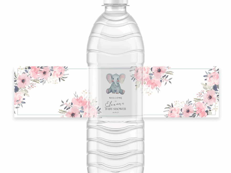 Free Pink Elephant Floral Baby Shower Design For 8x2 Inch Water Bottle Labels For Canva Dashleigh Template Center