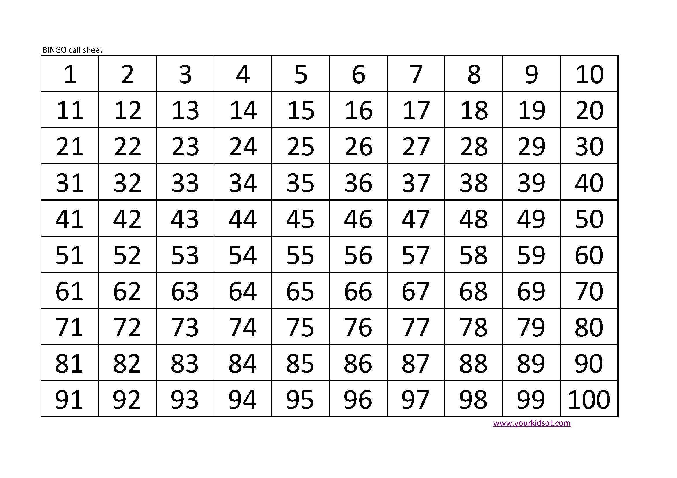 Printable Bingo Call Numbers 1-75