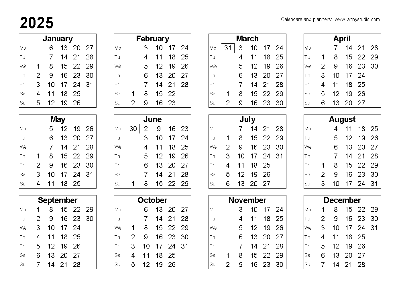 2025 Vertical Printable Monthly Calendars