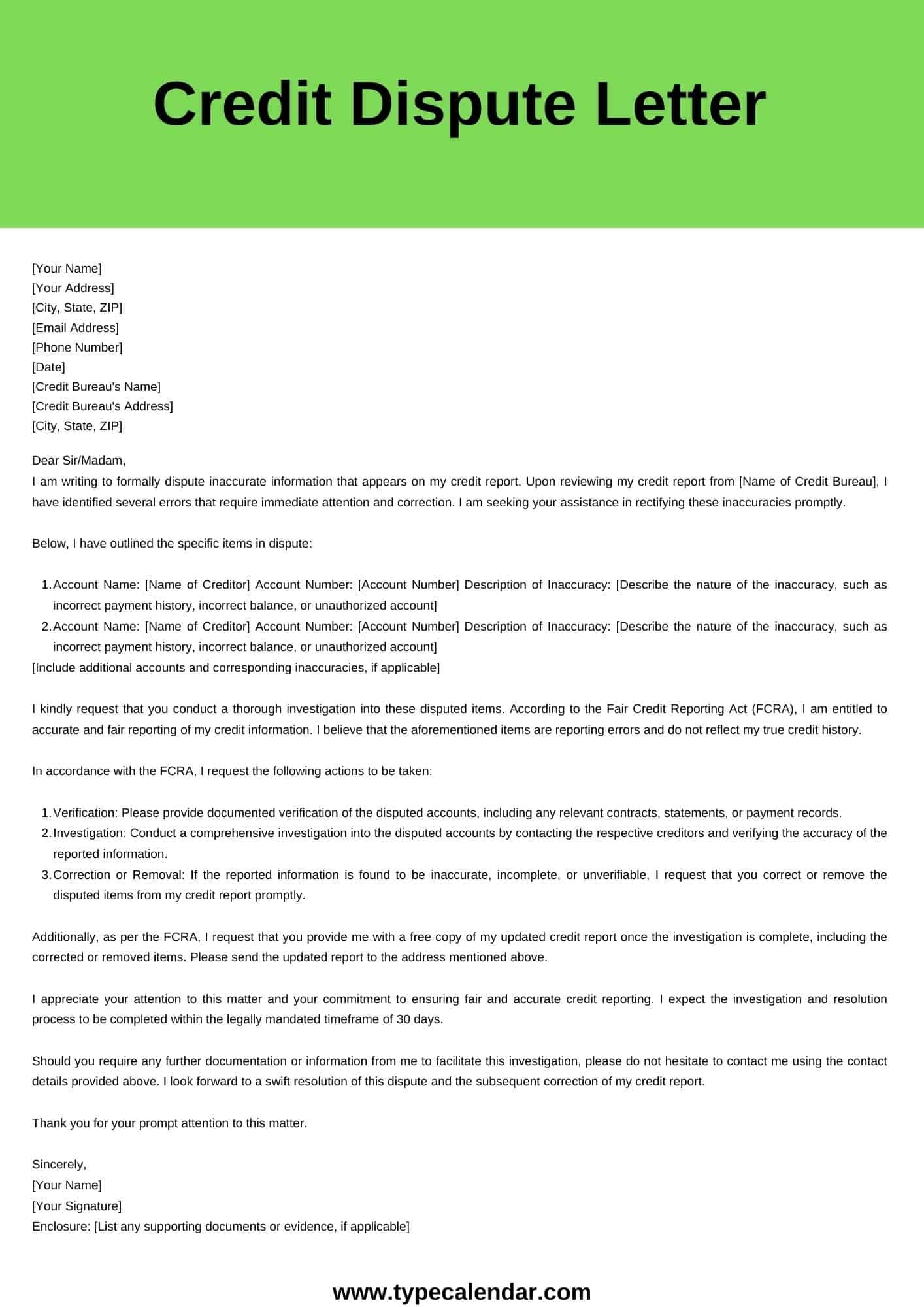 Free Printable Credit Dispute Letter Templates Form 609 PDF Word 