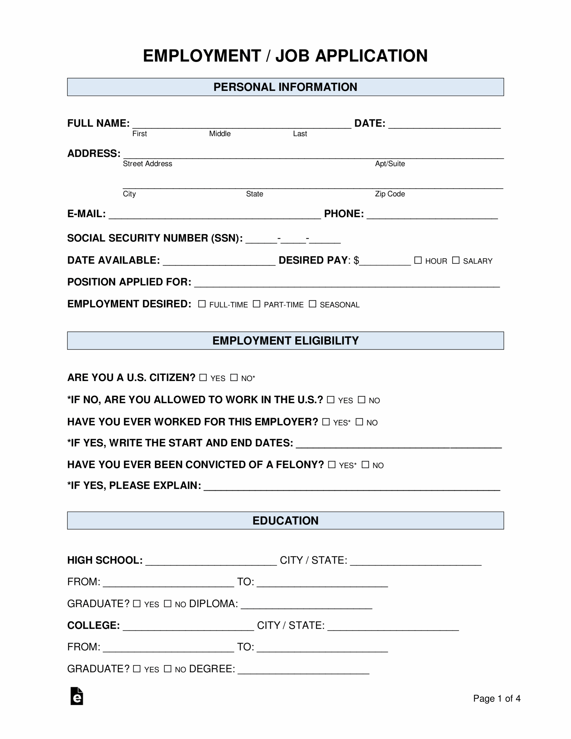 Free Printable Job Application Forms