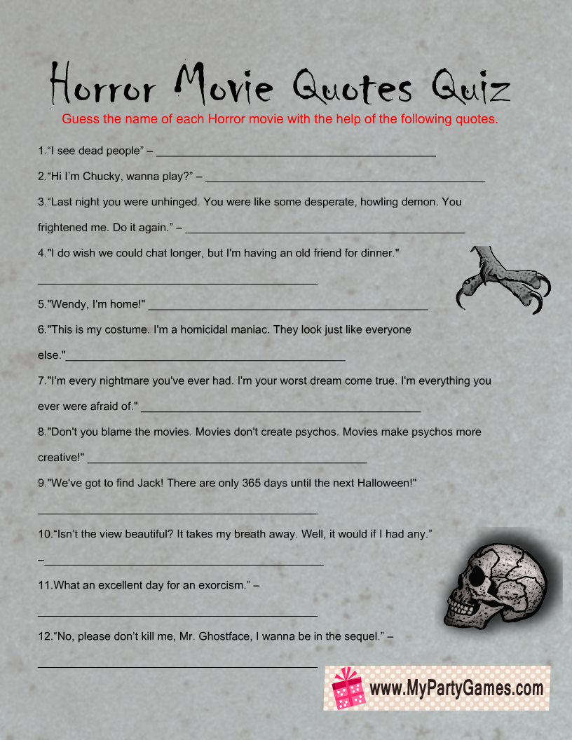 Free Printable Halloween Horror Movie Quotes Quiz