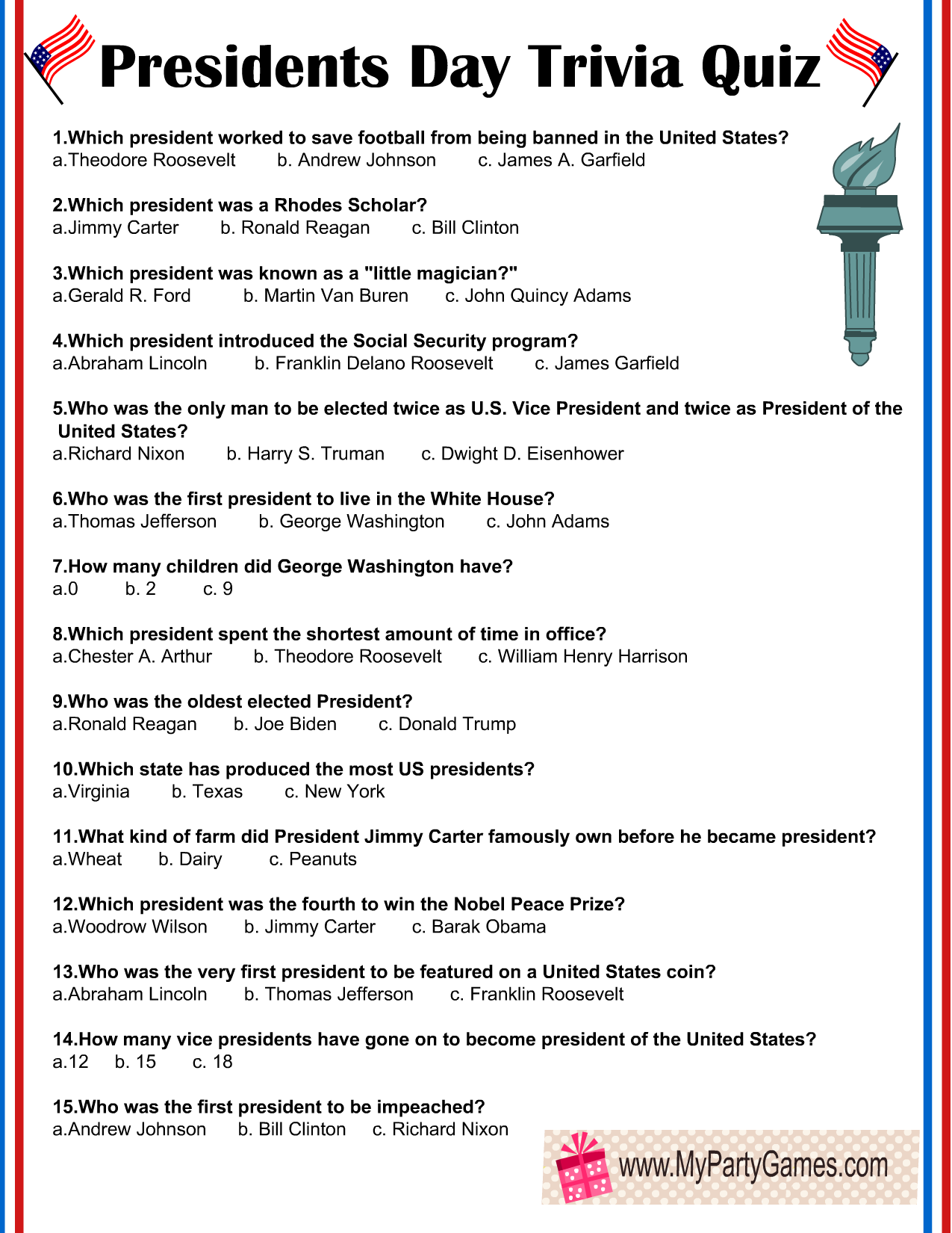 Free Printable Presidents Day Trivia Quiz With Answer Key