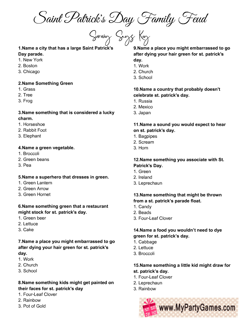 Free Printable Saint Patrick s Day Family Feud Game