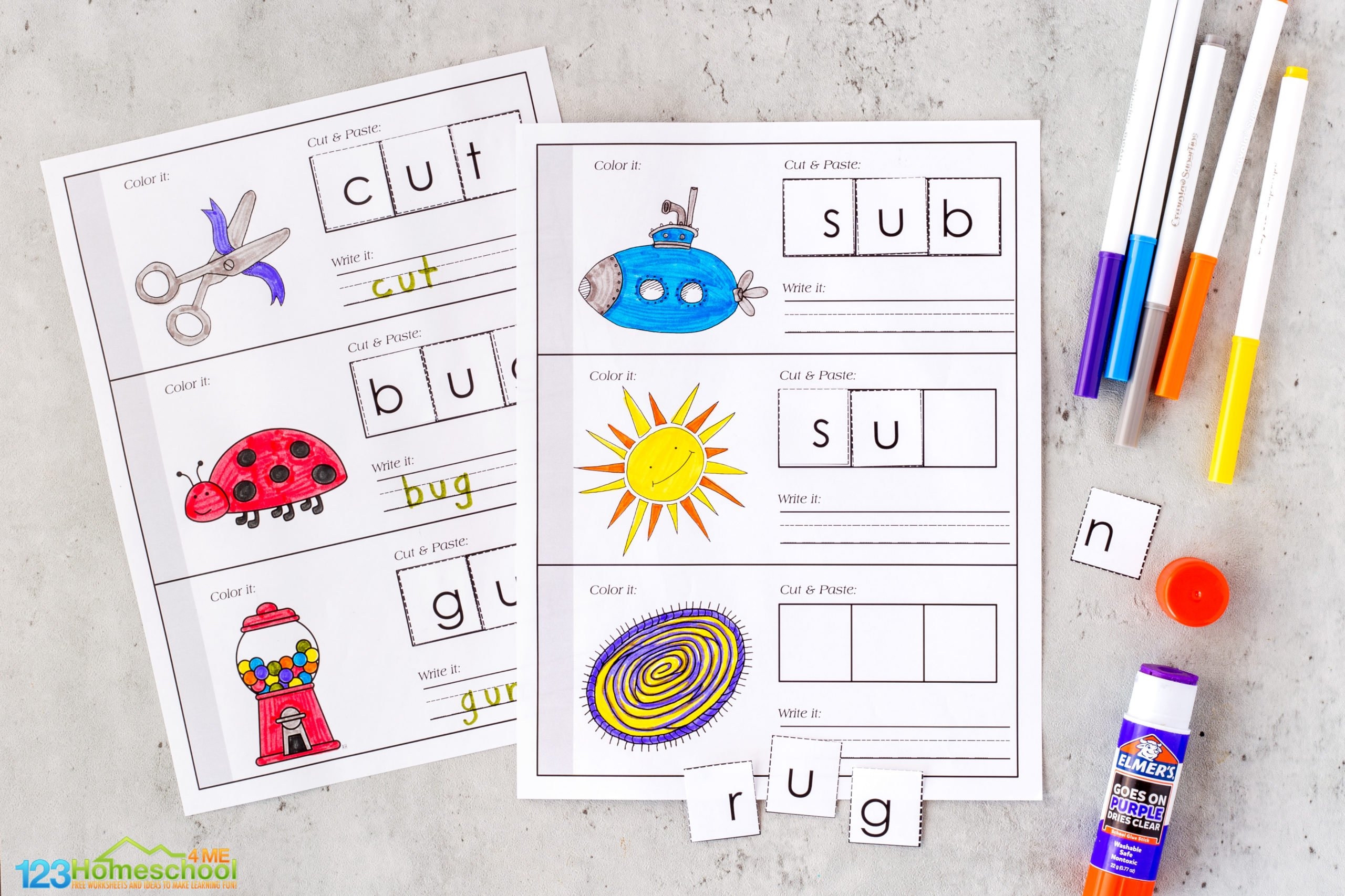 FREE Short U CVC Words Activity Cut And Paste Worksheets