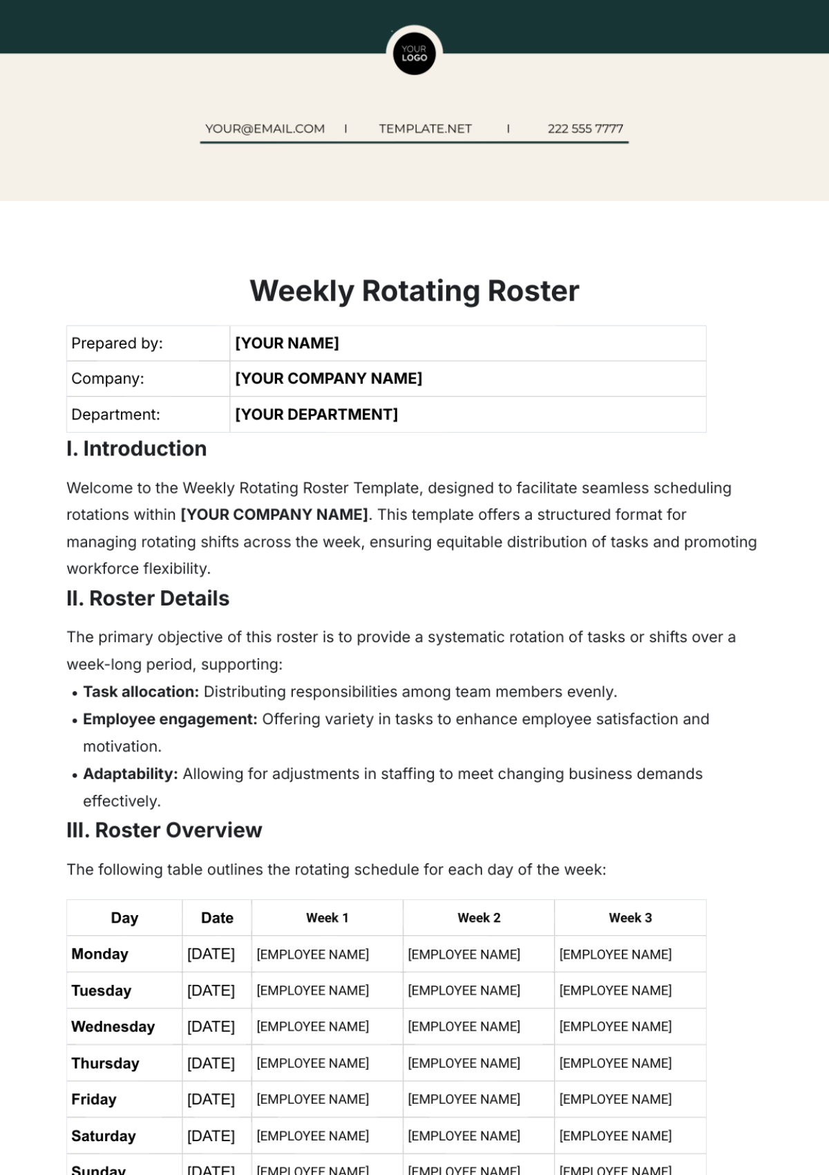 Free Weekly Rotating Roster Template To Edit Online