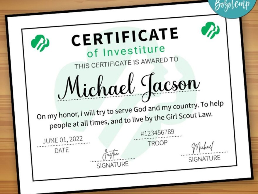 Girl Scout Investiture Certificate Customizable Template Instant Bobotemp