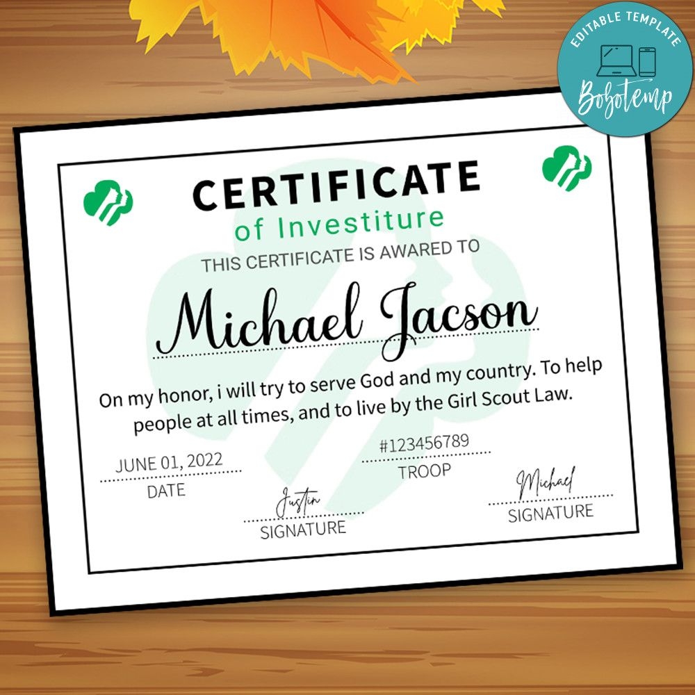 Girl Scout Investiture Certificate Customizable Template Instant Bobotemp