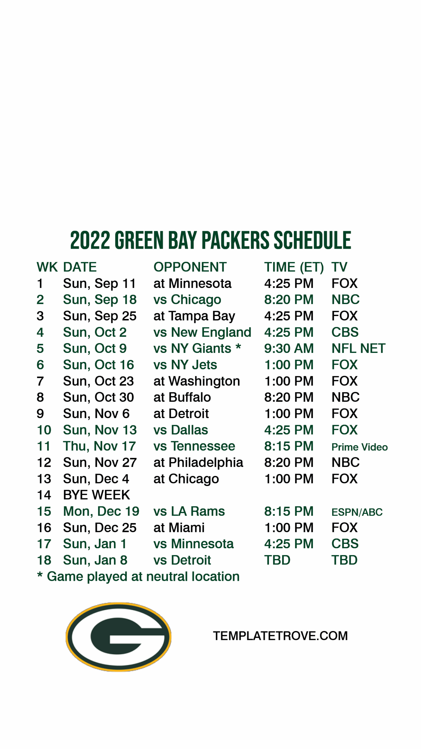 Green Bay Packers Schedule 2025 Printable