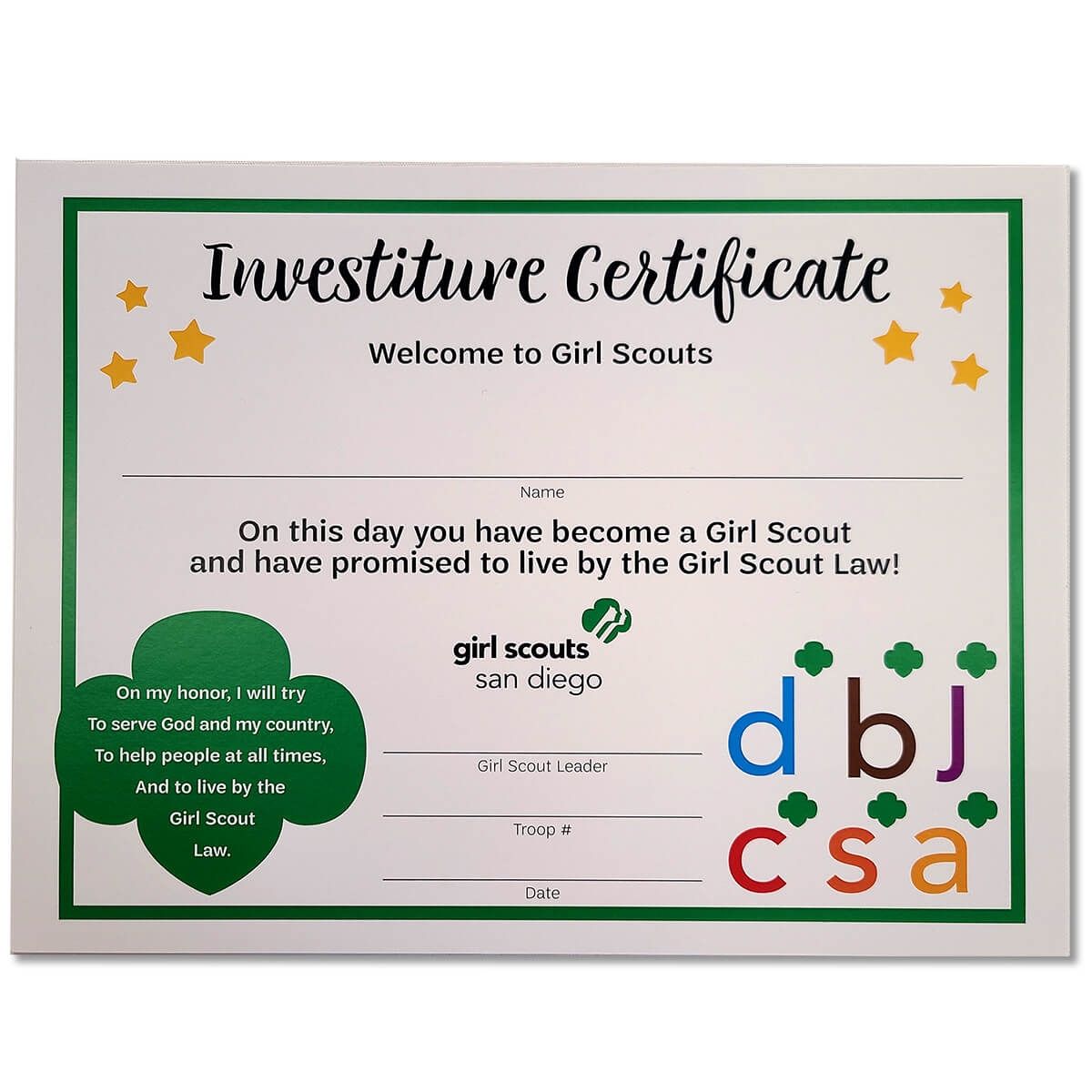 GSSD Investiture Certificate Girl Scout Shop