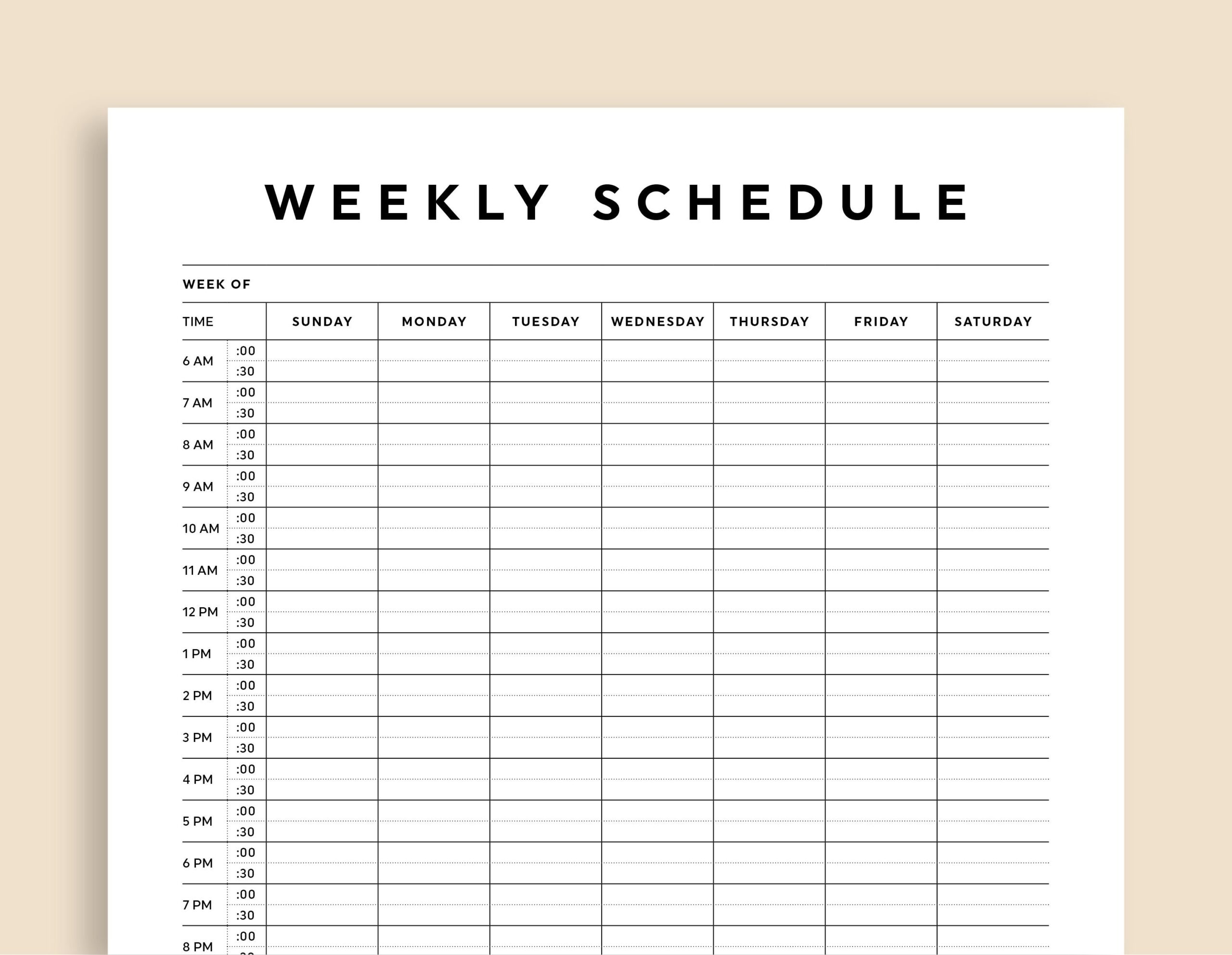 Half Hour Weekly Schedule Printable Half Hour Daily Schedule Template Daily Agenda Hourly Schedule Time Planner Sunday monday Start Etsy