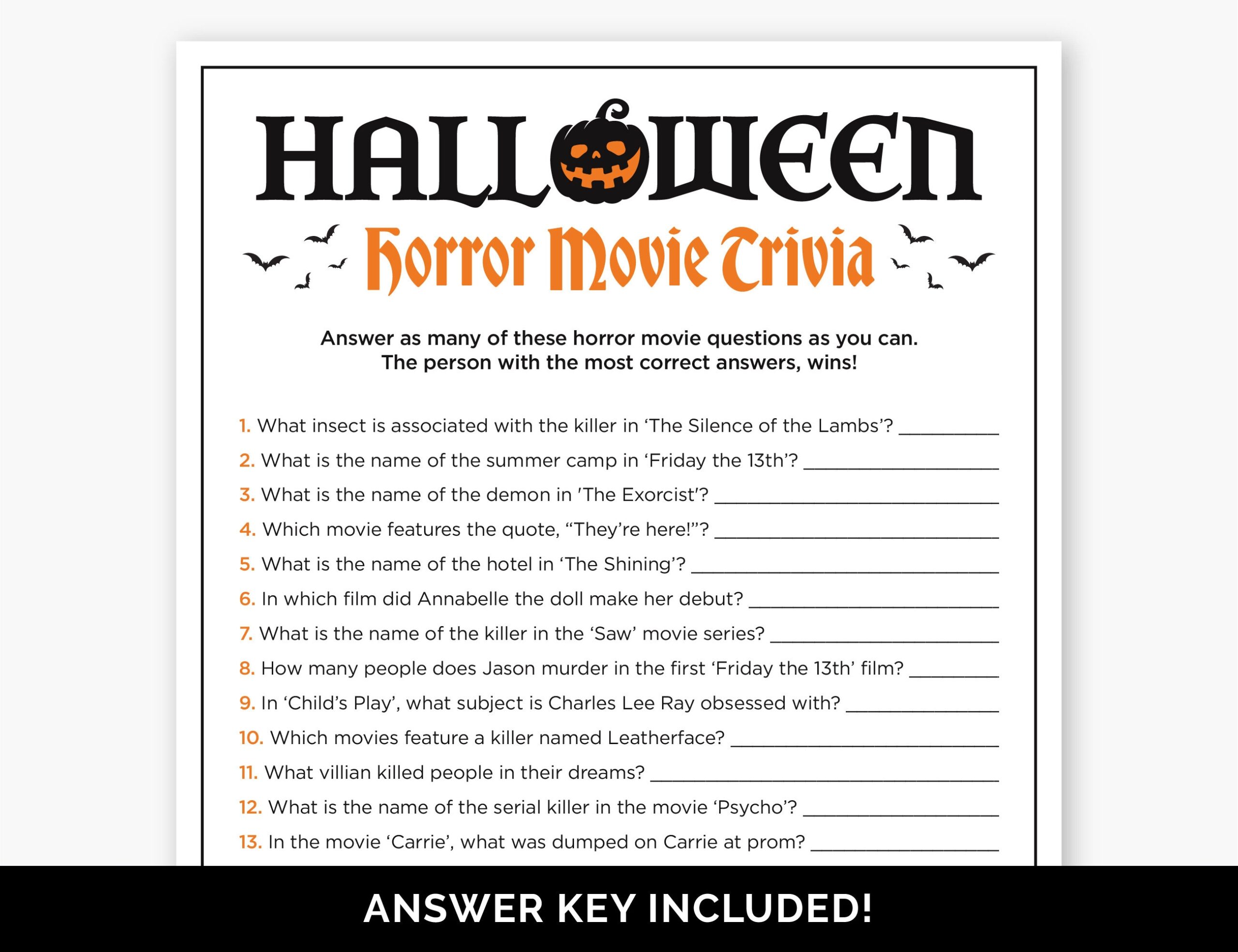 Halloween Horror Movie Trivia Game Printable Spooky Quiz With Answers For A Halloween Office Party Scary Movie Trivia For Adults Teens Etsy