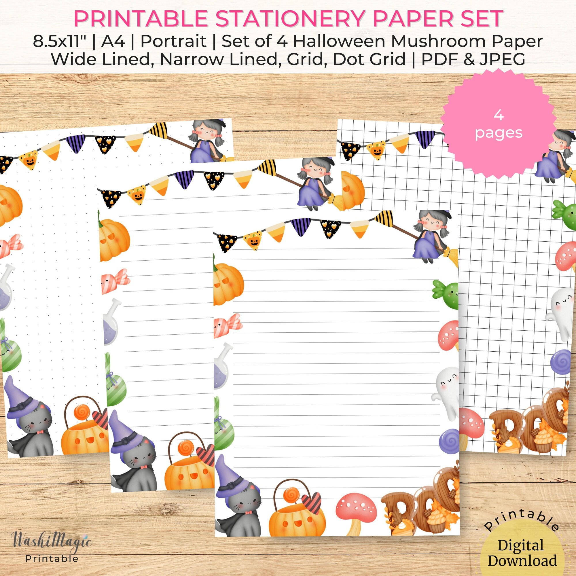Halloween Mushroom Lined Paper Printable Stationery Note Paper Set Of 4 Cat Journal Mushroom Journal Note Printable Letter Gift Idea Etsy