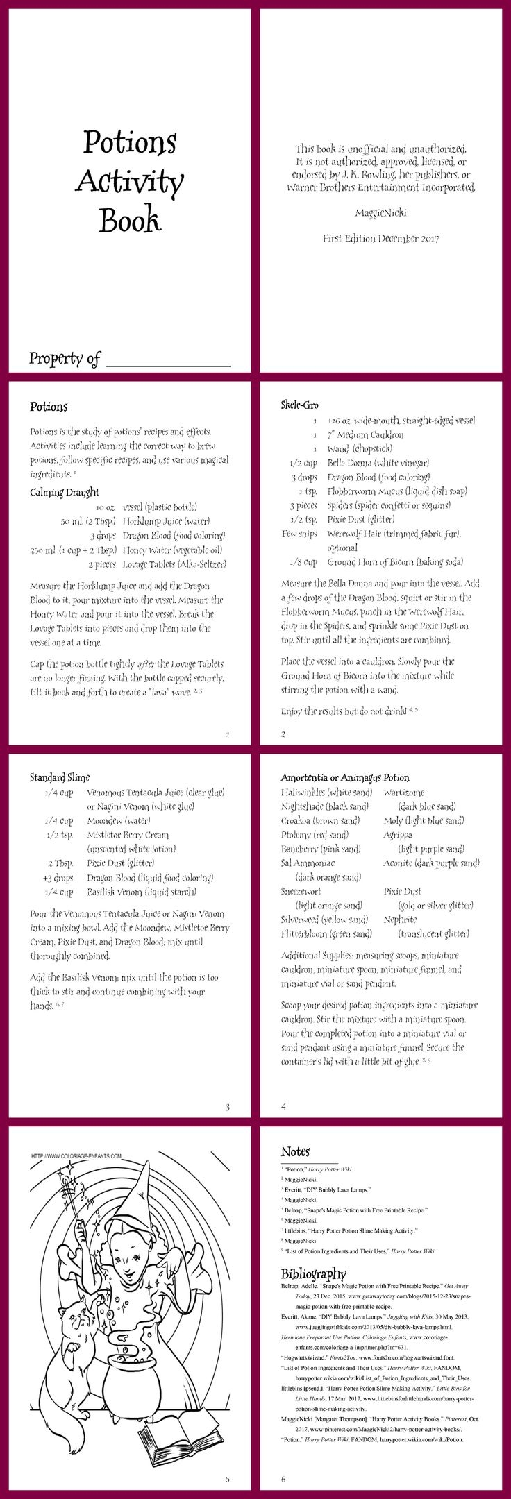 Harry Potter Inspired Activity Book Potions