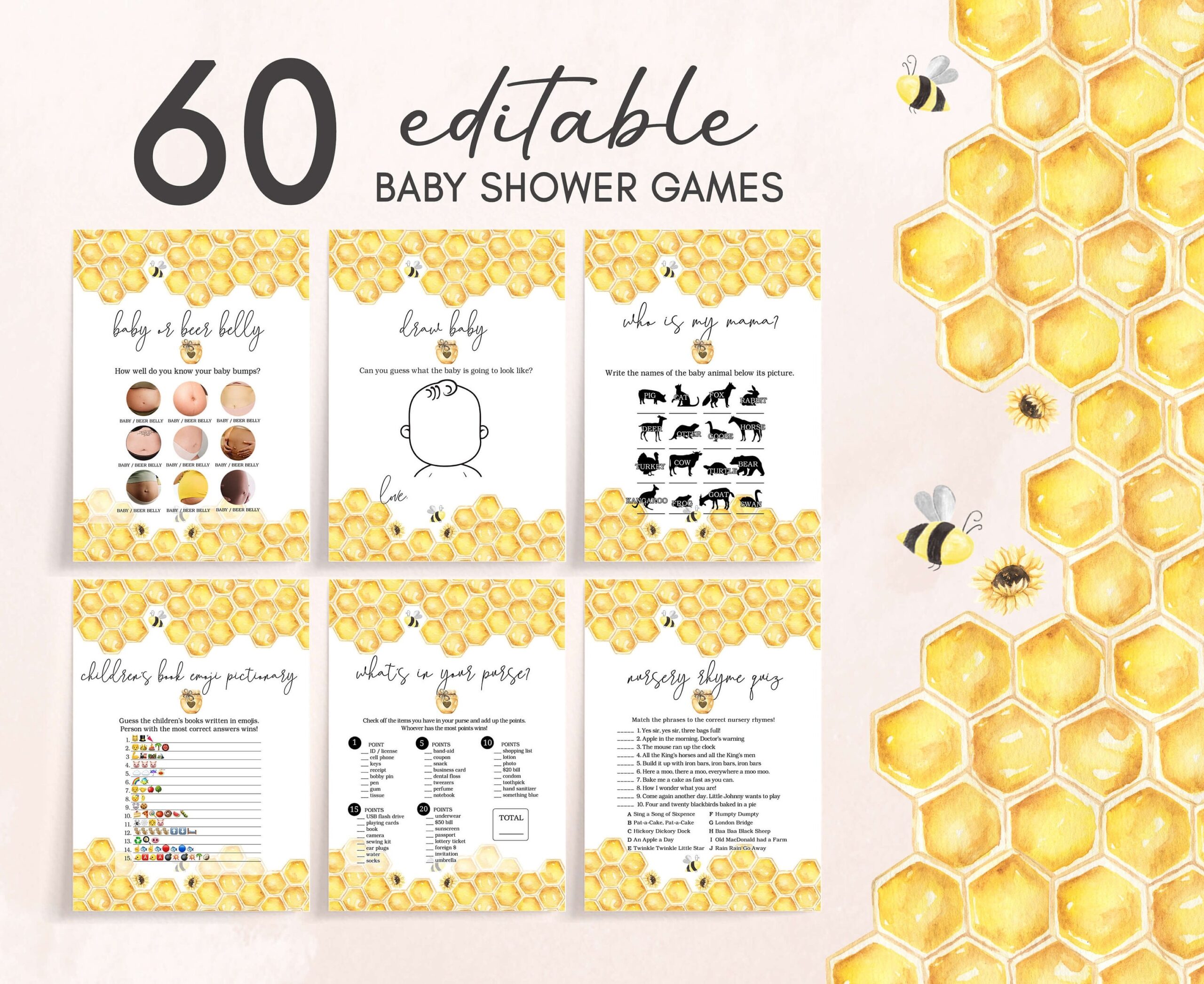 Honey Bee Baby Shower Games Bumble Bee Shower Game Bundle Babee Baby Shower Activity Gender Neutral Printable Template 0160 Etsy