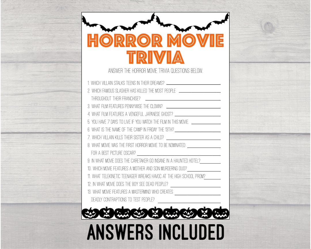 Horror Movie Trivia Printable Game Halloween Game Printable Digital Download Halloween Party Game Printable Horror Movie Trivia Etsy