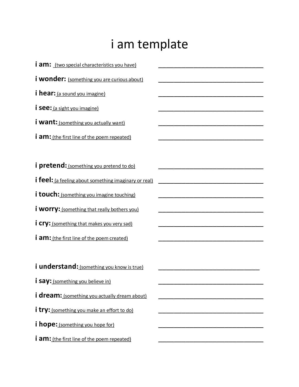 Printable Worksheet I Am Poem