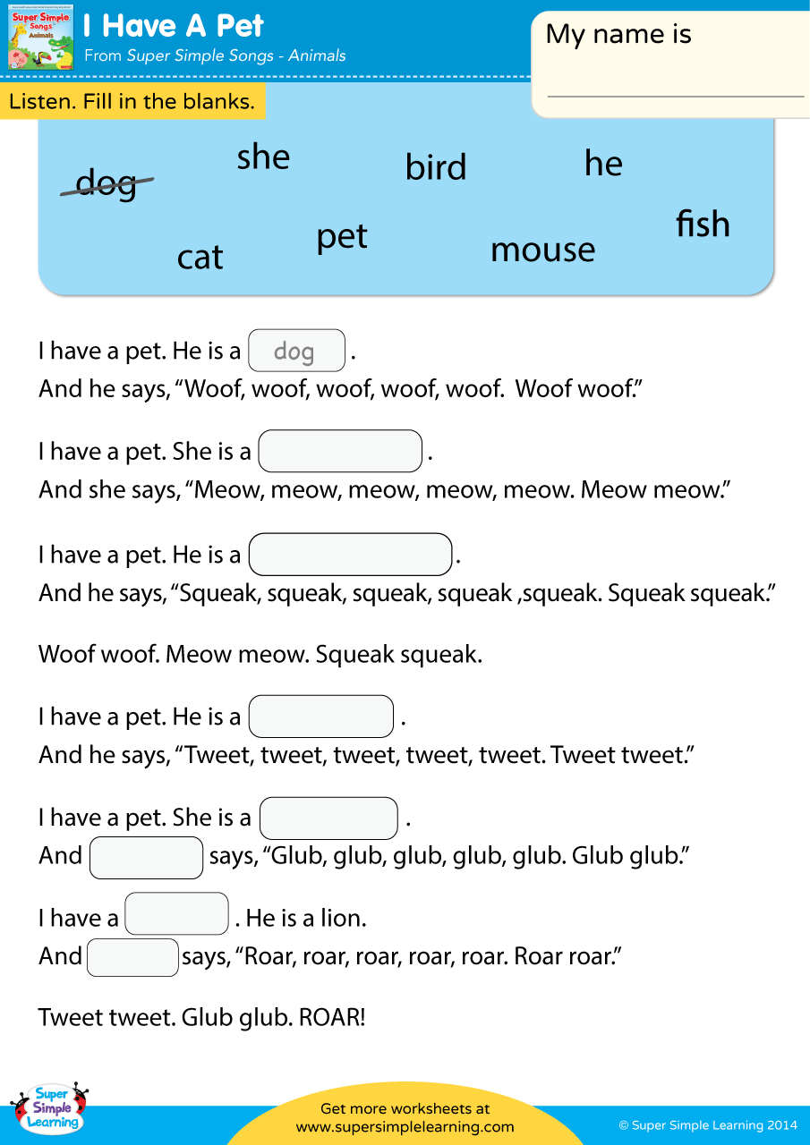 I Have A Pet Worksheet Fill In The Blanks Super Simple