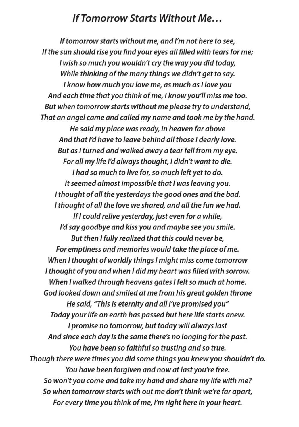 If Tomorrow Starts Without Me Print Funeral Poem Missing You Bereavement Rainbow Heaven Print A Letter To My Family Grief Poem Etsy