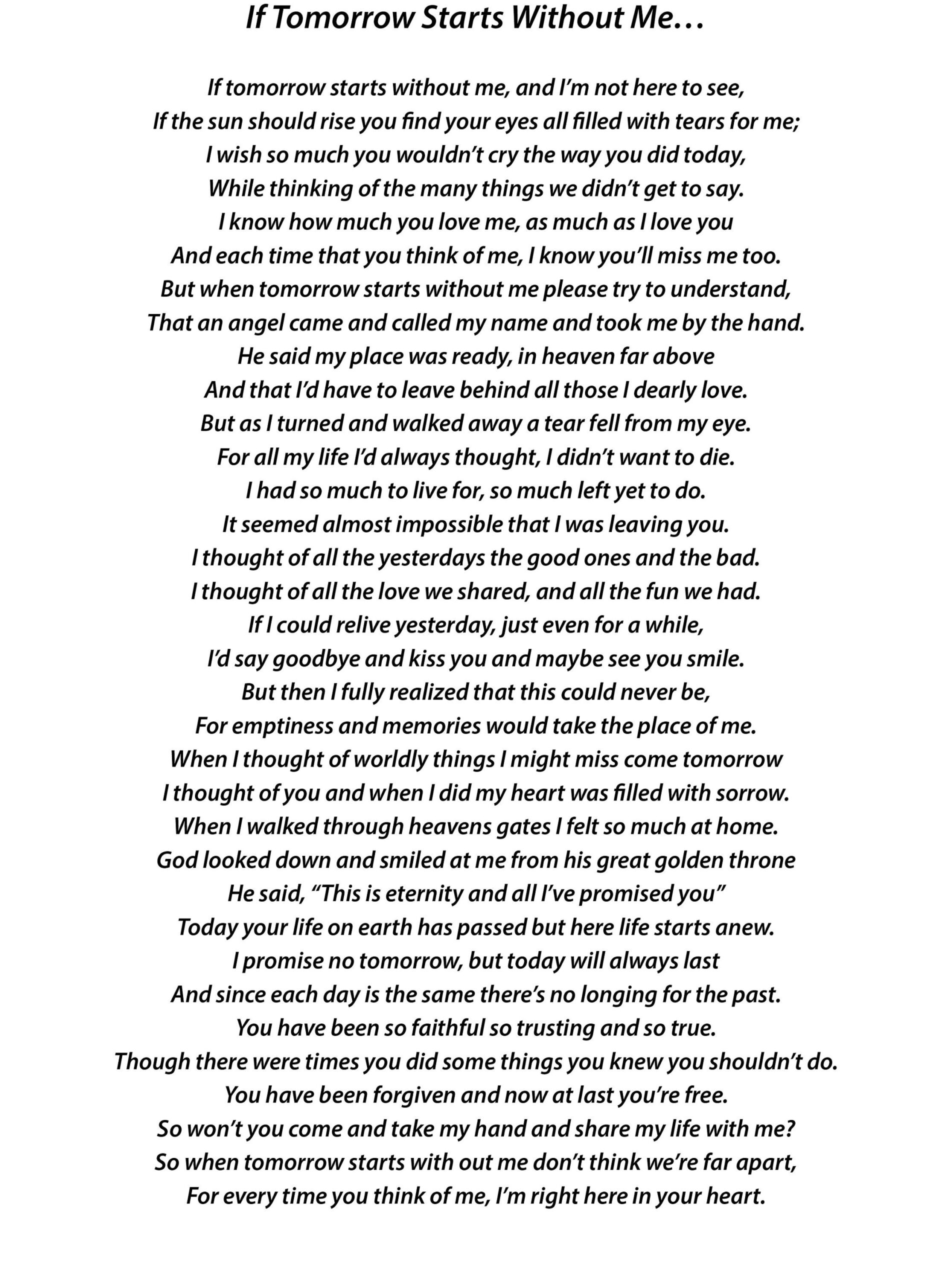 If Tomorrow Starts Without Me Print Memorial Print Digital Print Digital Download Funeral Poem Loved Ones In Heaven A4 Print Etsy
