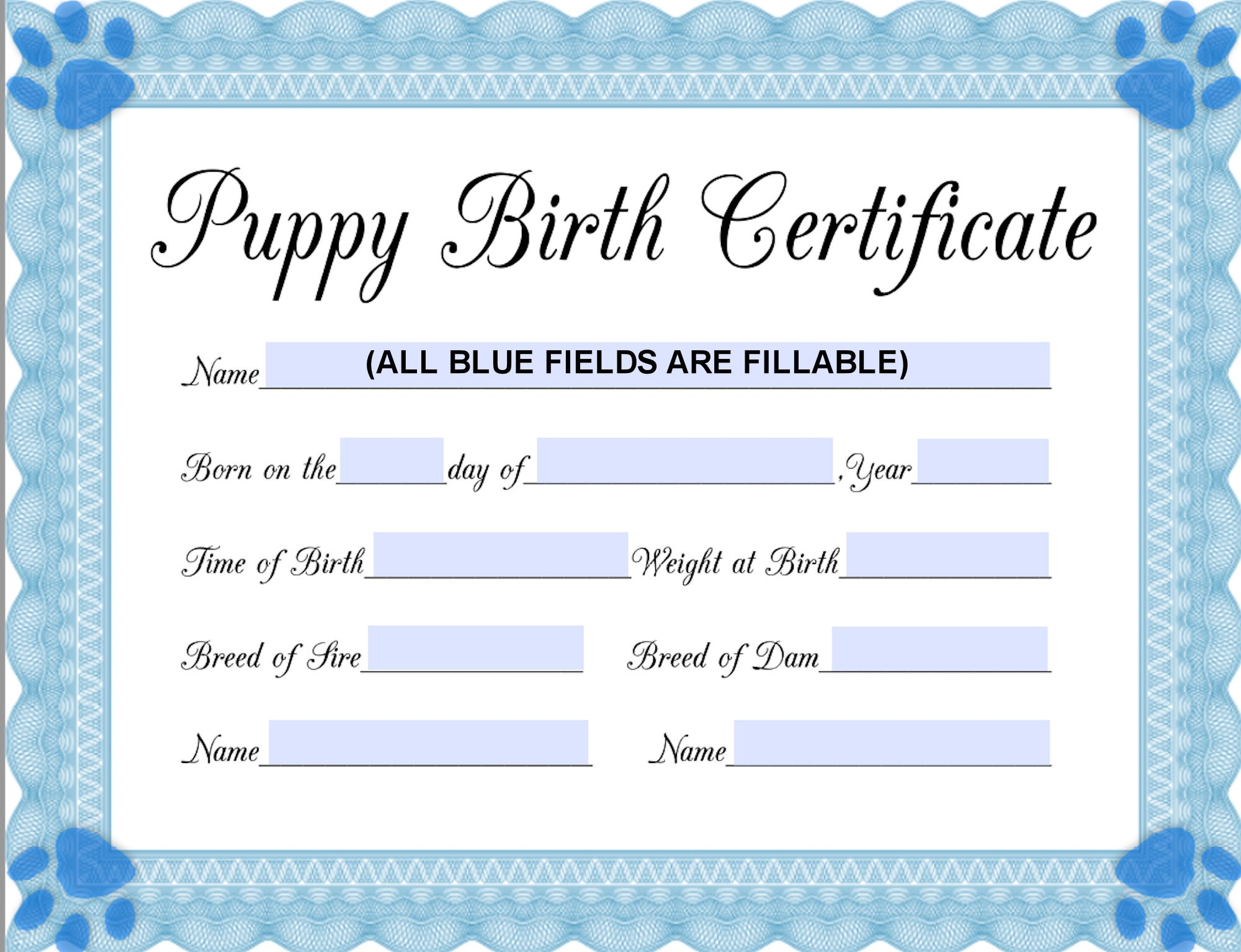 INSTANT Fillable Printable PDF Puppy Birth Certificate blue male Printable 8 5x11 4950px3825px450dpi Jpg BOTH Included Etsy
