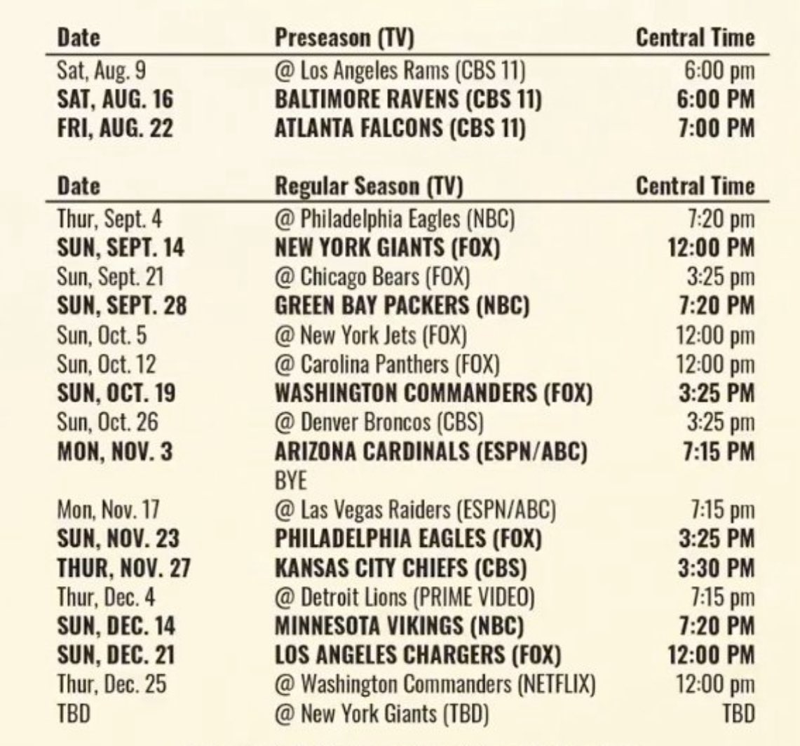 Dallas Cowboys 2025 Schedule Printable