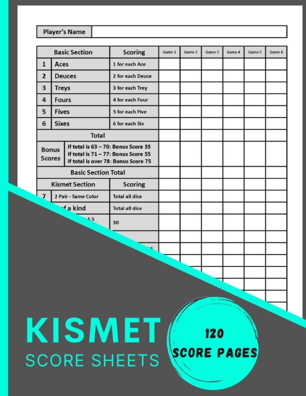 Kismet Score Sheet Dice Game Scoring Sheet Scoresheet Record Book Kismet Dice Game Kismet Score Pad Large 8 5X11 120 Score Pages Books RH K Game 9798687534697 Amazon Books