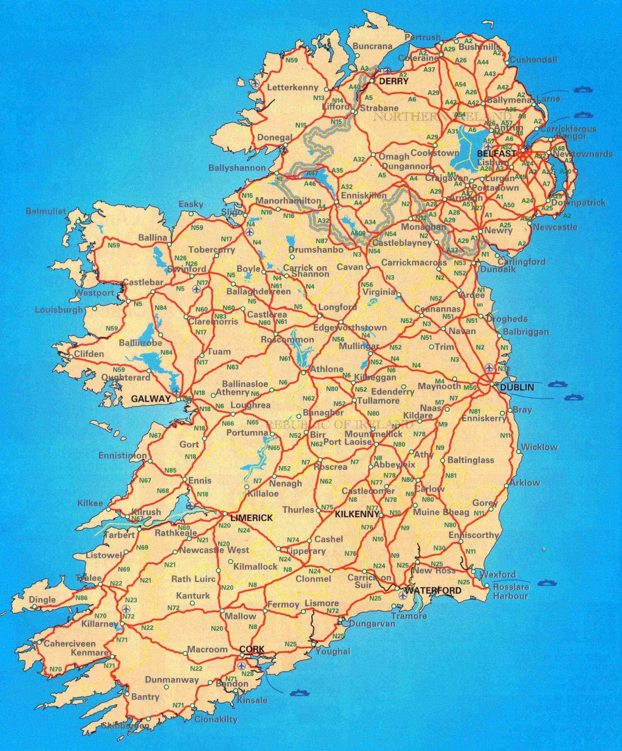 Large Scale Road Map Of Ireland Ireland Europe Mapsland Worksheets Library