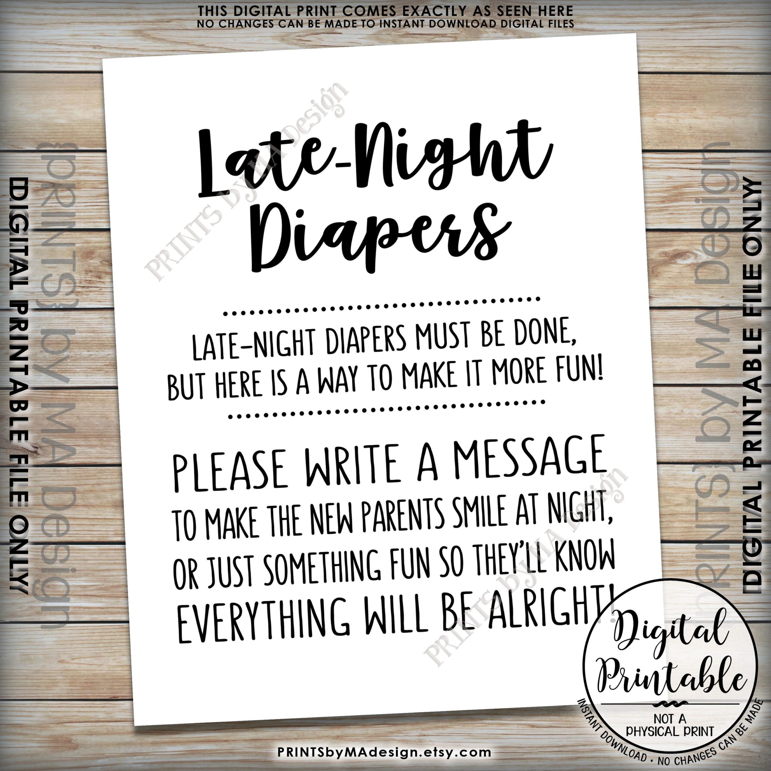 Late Night Diaper Sign Late Night Diapers Sign The Diaper Thoughts For New Parents Baby Shower Game PRINTABLE 8x10 Instant Download