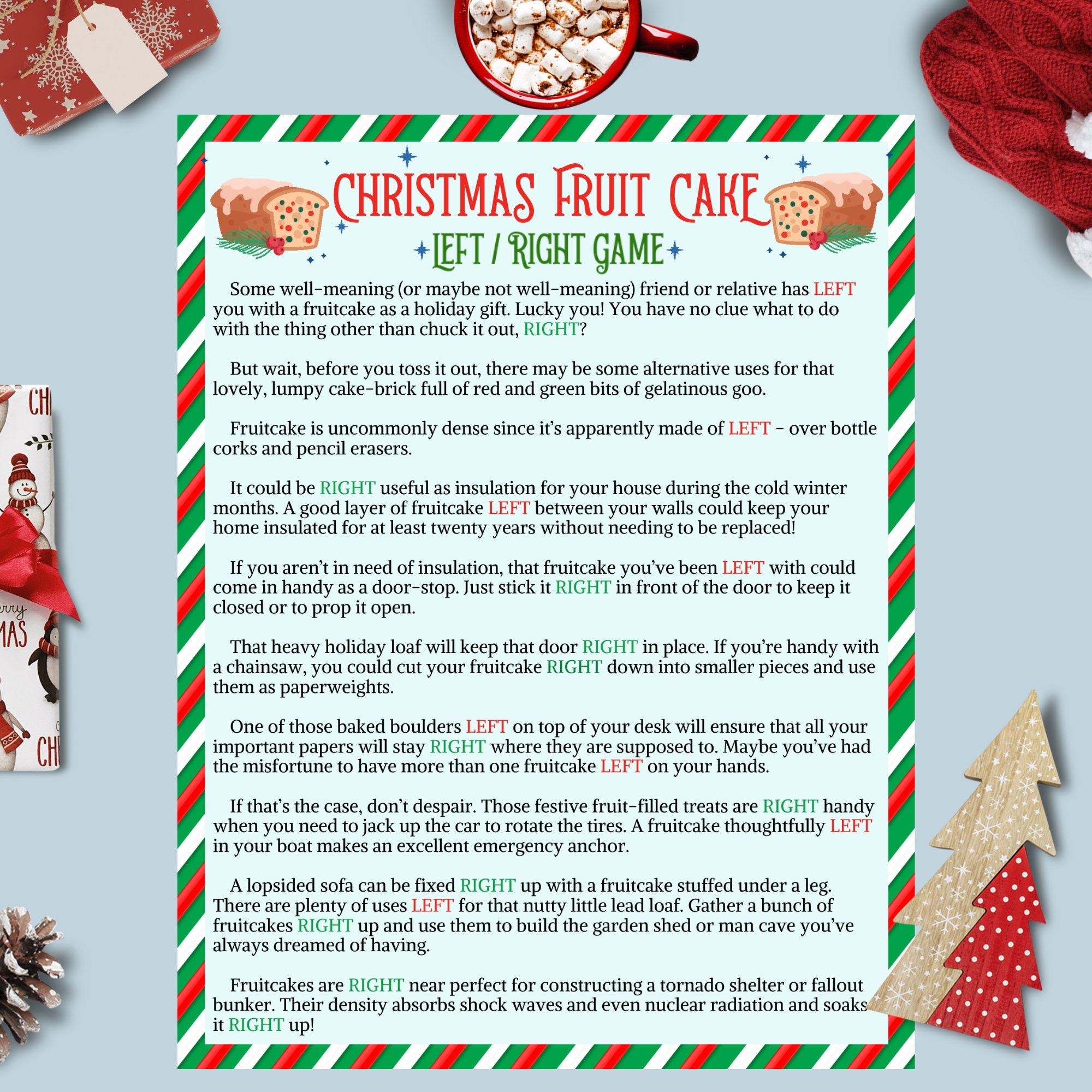Left Right Christmas Game Funny Fruitcake Christmas Story Pass The Gift Game White Elephant Rule Gift Exchange Game Group Adults Family Etsy