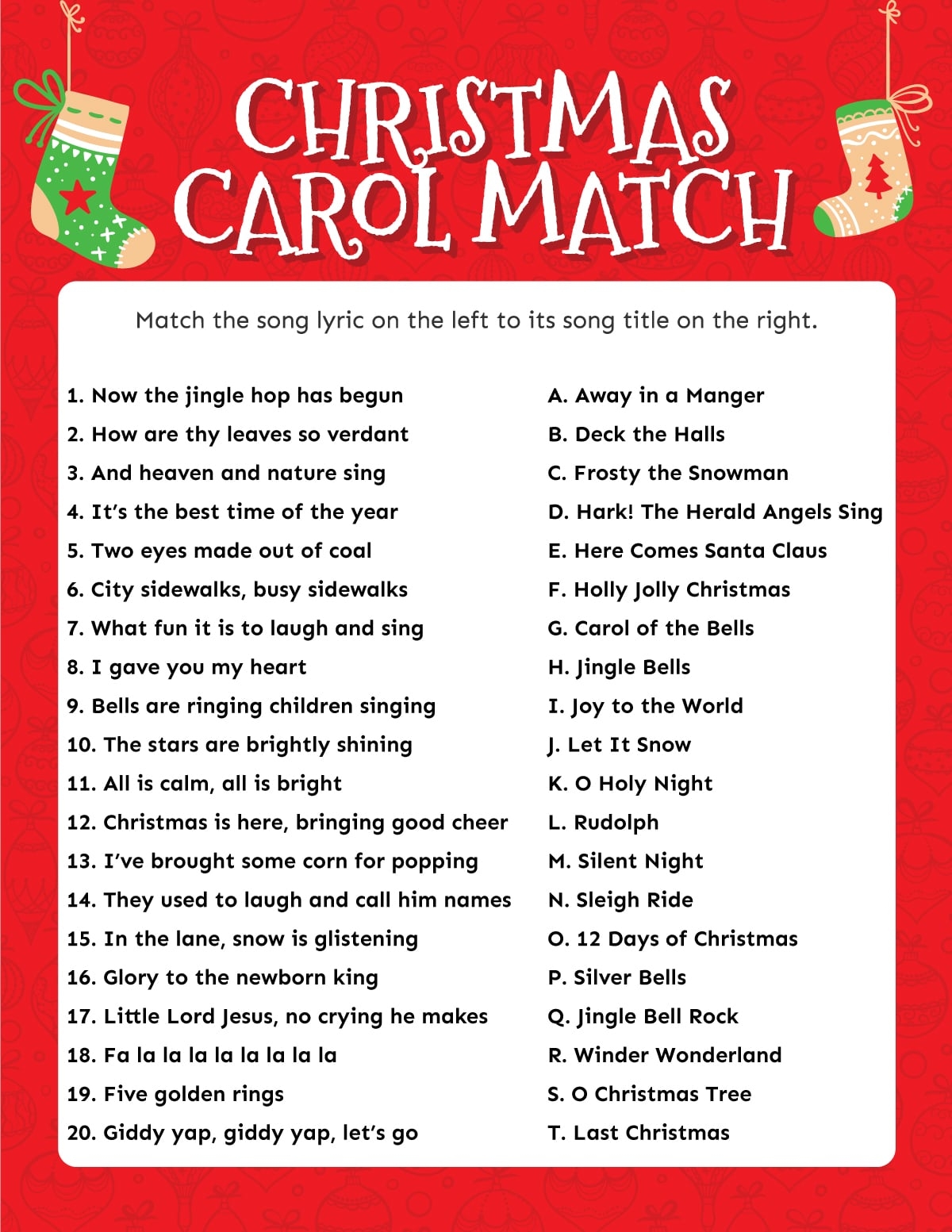 Match The Christmas Carol Game Free Printable Play Party Plan