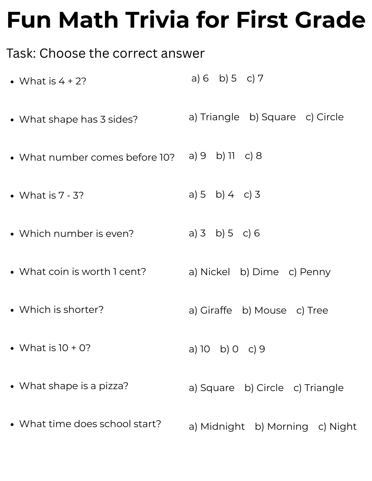 Math Trivia Questions For 1st Graders With Answers Made By Teachers