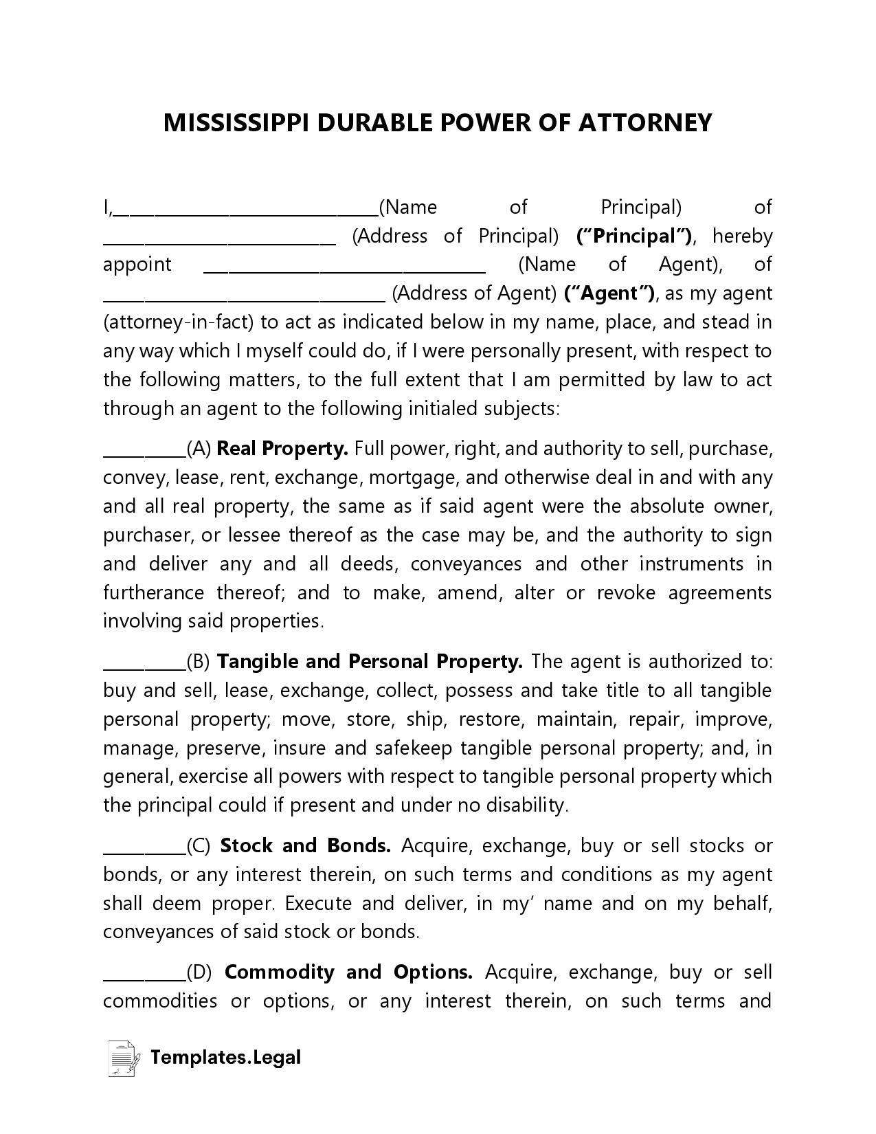 Mississippi Power Of Attorney Templates Free Word PDF ODT 