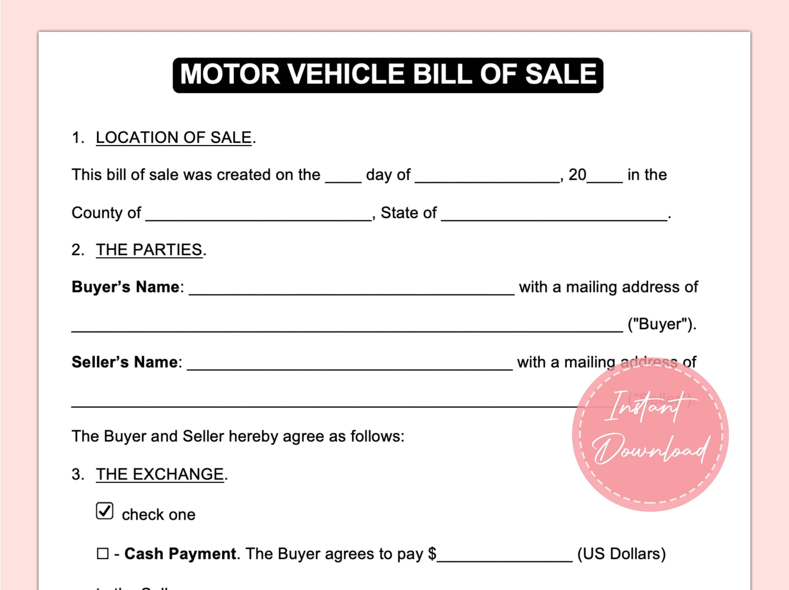 Motor Vehicle Bill Of Sale Bill Of Sale Car Sale Form Vehicle Sale Form Car Bill Of Sale Instant Download A4 Etsy