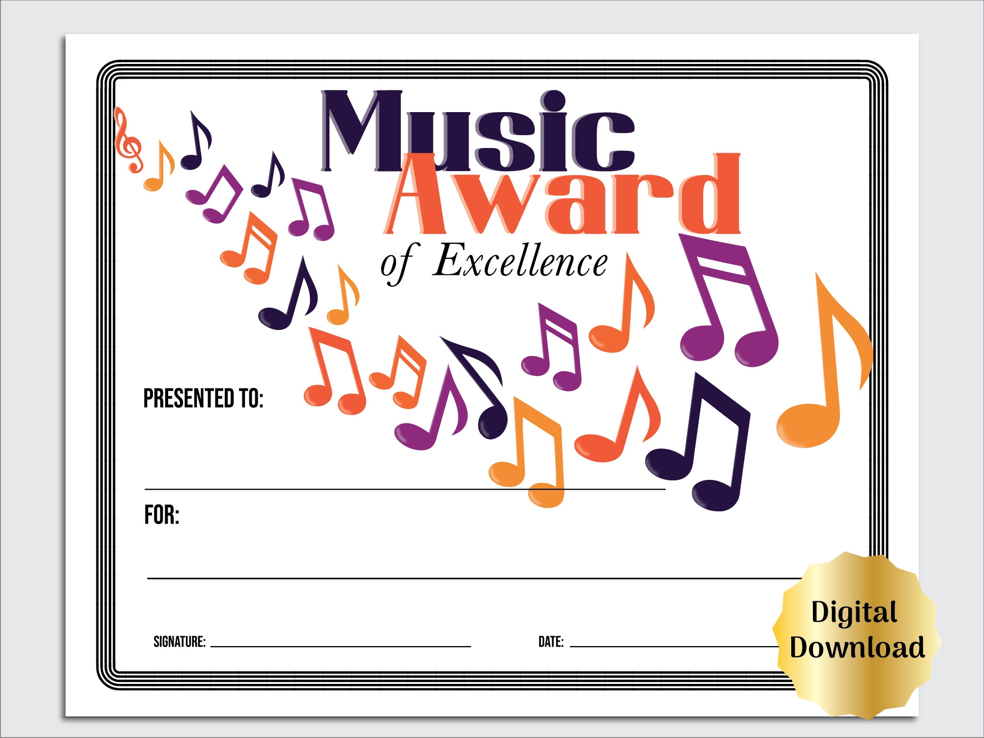 Music Award Certificate Printable For Music Teacher Or Music Contest Music Award Template Includes Editable PDF Etsy