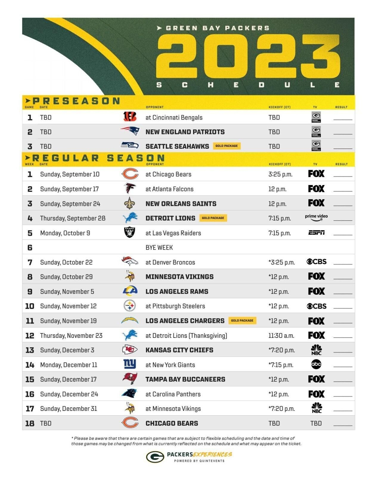 NFL Releases Green Bay Packers Schedule For 2023 Packers Waow