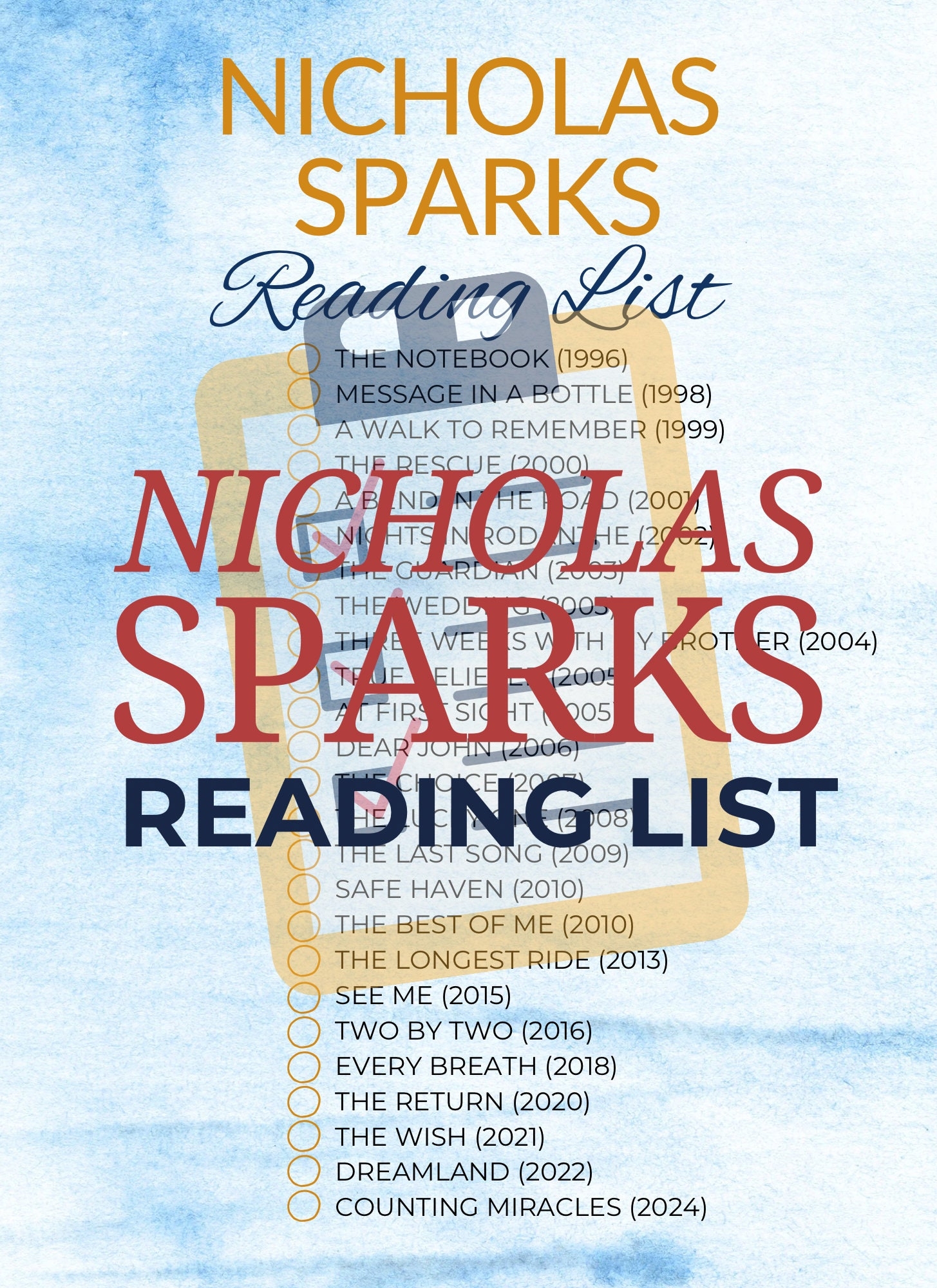 Nicholas Sparks Reading List Etsy
