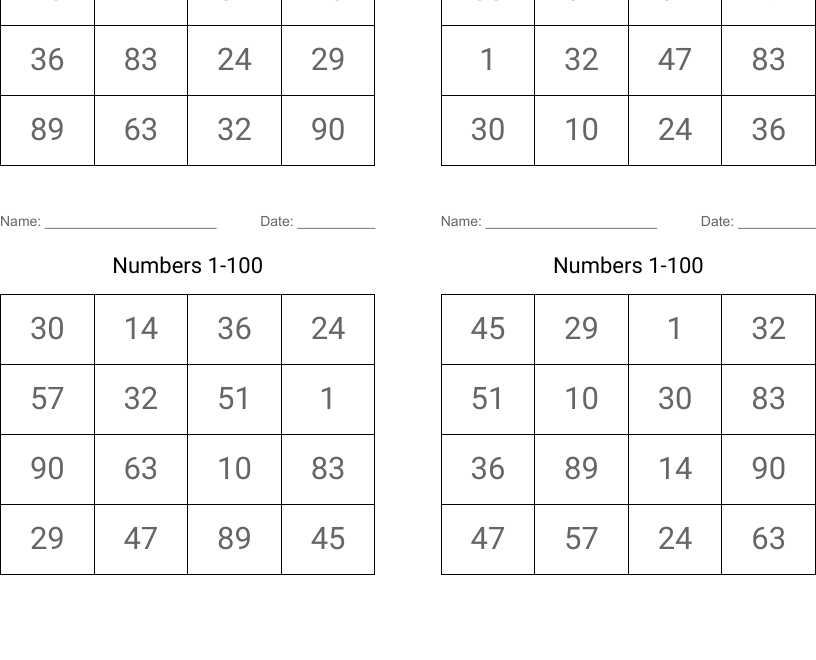 Numbers 1 100 Bingo Cards WordMint