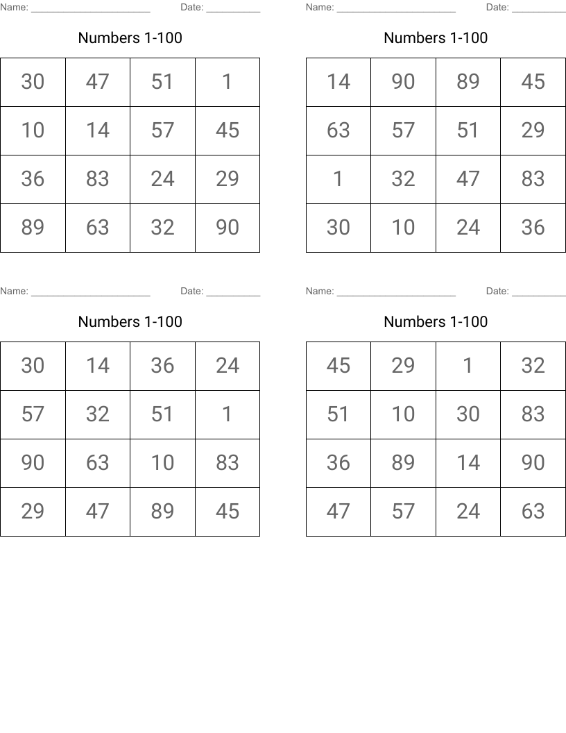 Numbers 1 100 Bingo Cards WordMint
