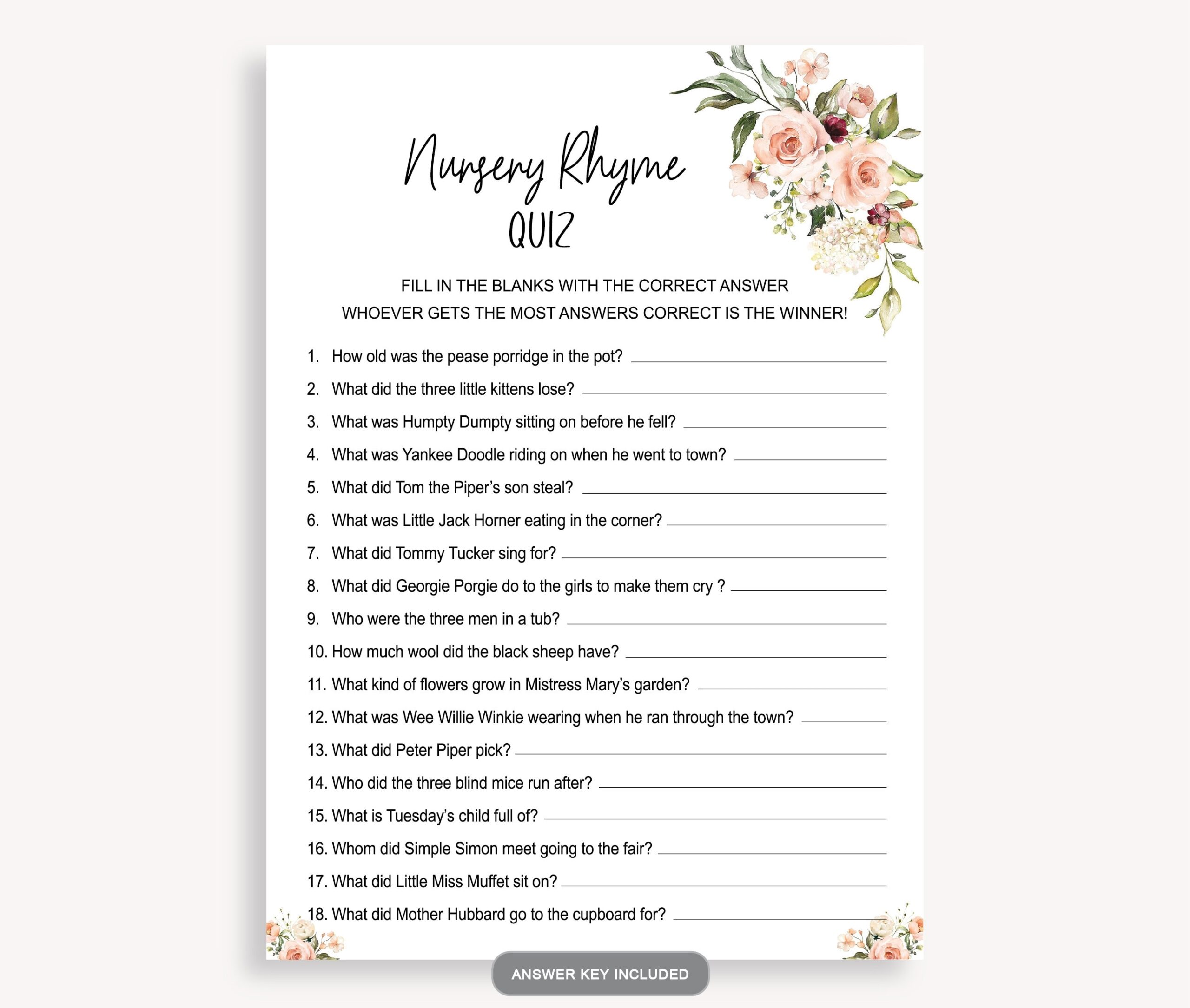 Nursery Rhymes Fill In The Blank Nursery Rhyme Quiz Baby Shower Nursery Rhyme Game Instant Download Printable Game Print At Home 30 FF Etsy