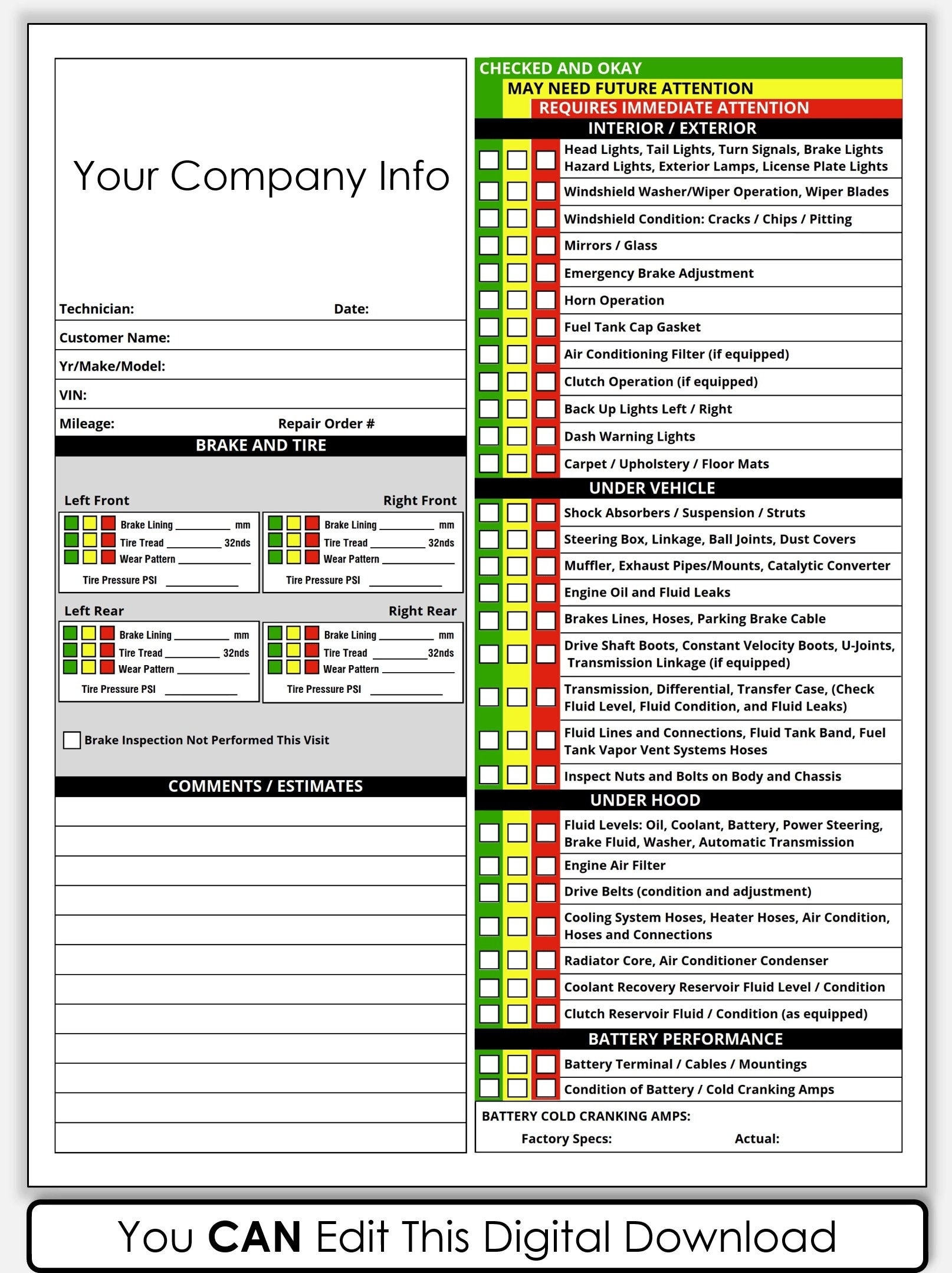 Printable Vehicle Inspection Checklist Form - Free Download
